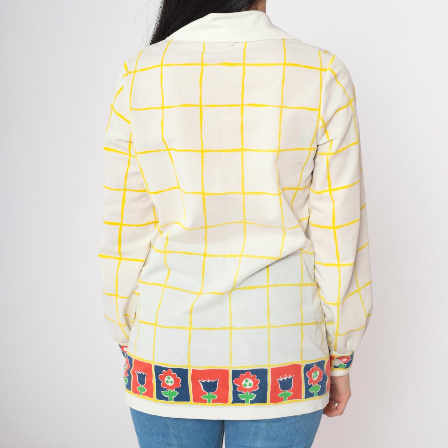70s Floral Checkered Button-Up Blouse Dagger Collar Long Sleeve White Small