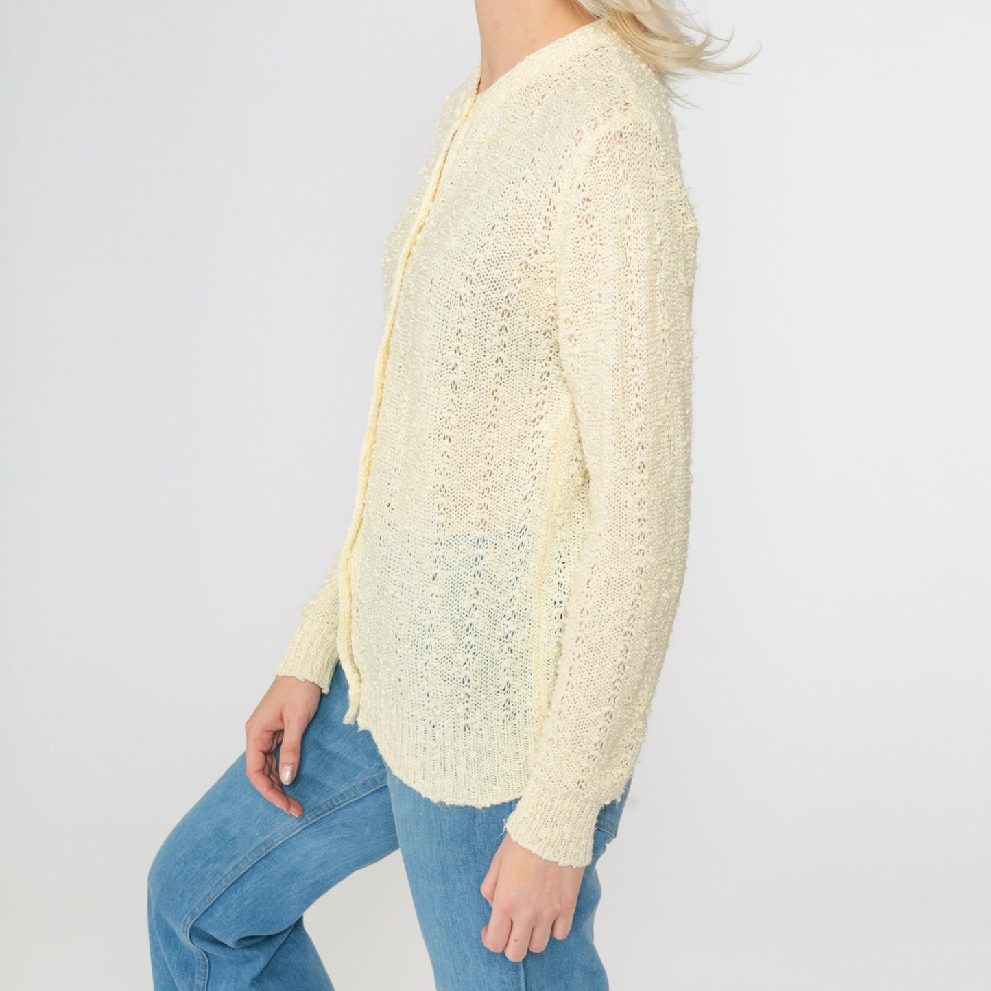 80s Le Roy Knitwear Pale Yellow Cardigan Pearl Buttons Pointelle Knit Small