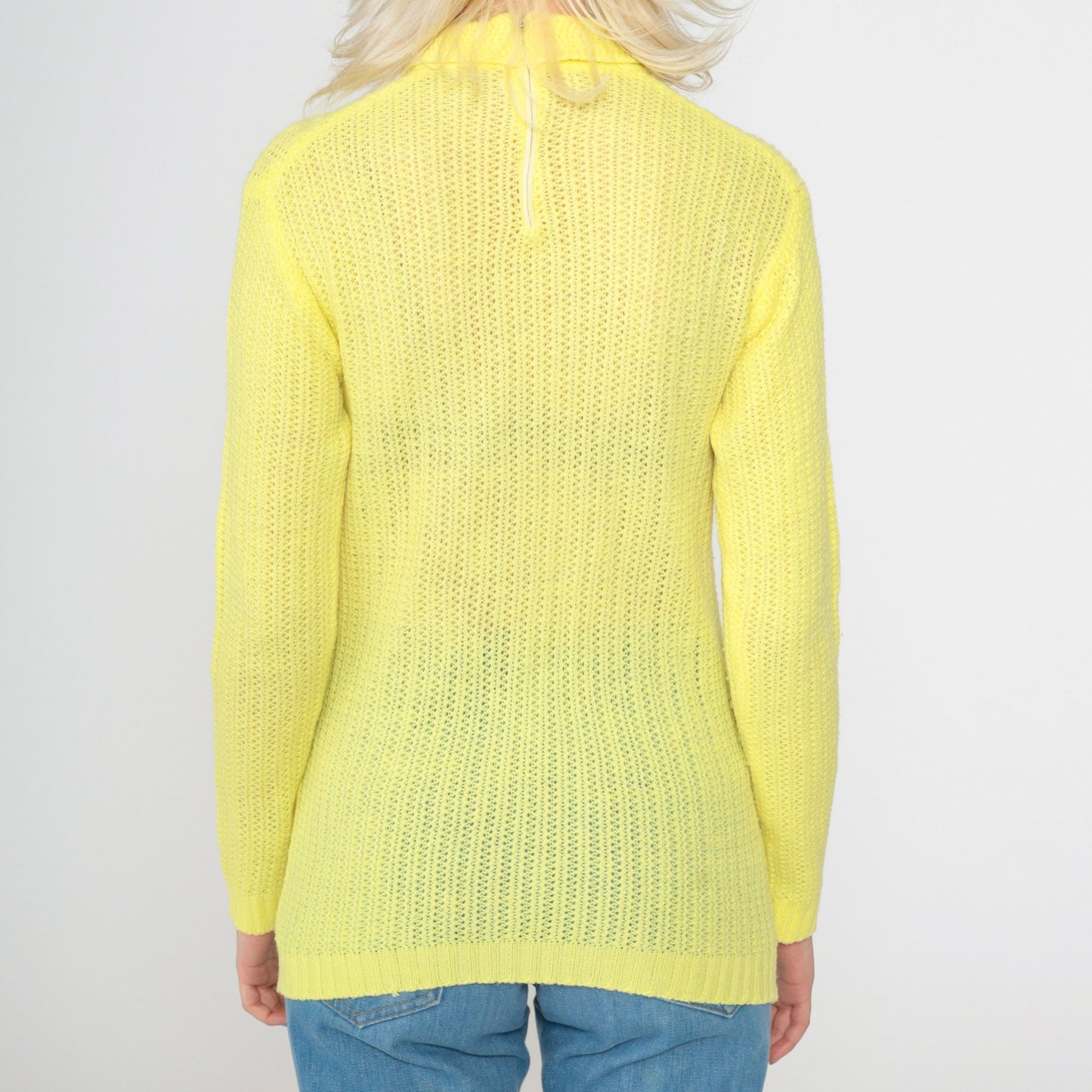 70s Yellow Sheer Turtleneck Sweater Cotton Knit Rear Zip Small