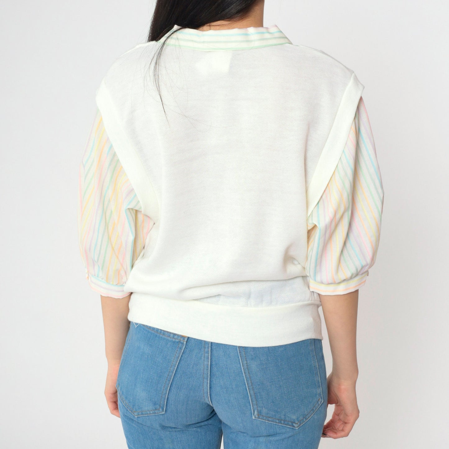 80s Rainbow Striped White Button-Up Blouse with Attached Vest 3/4 Sleeve Medium