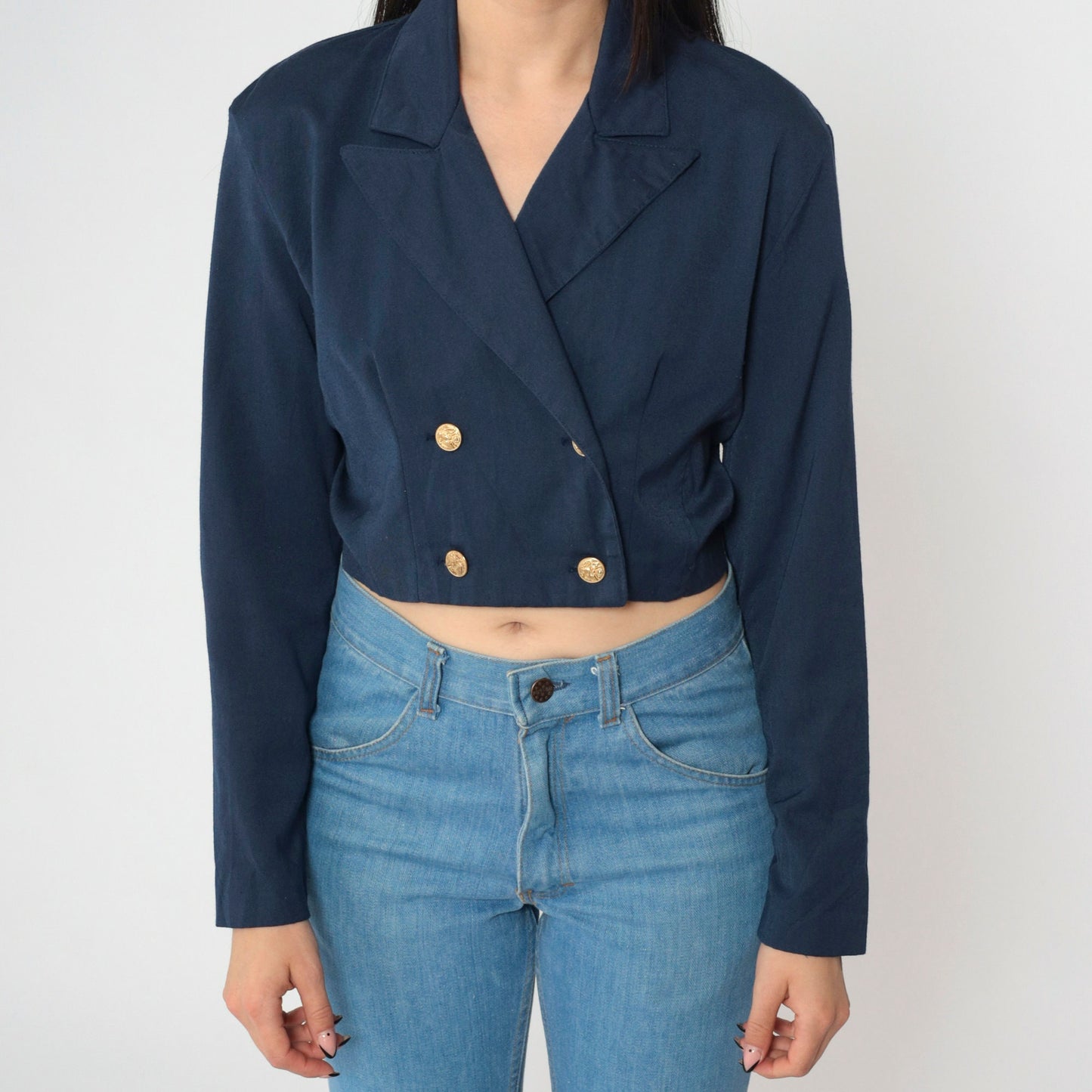 90s Navy Cropped Blazer Double-Breasted Gold Buttons Long Sleeve Small