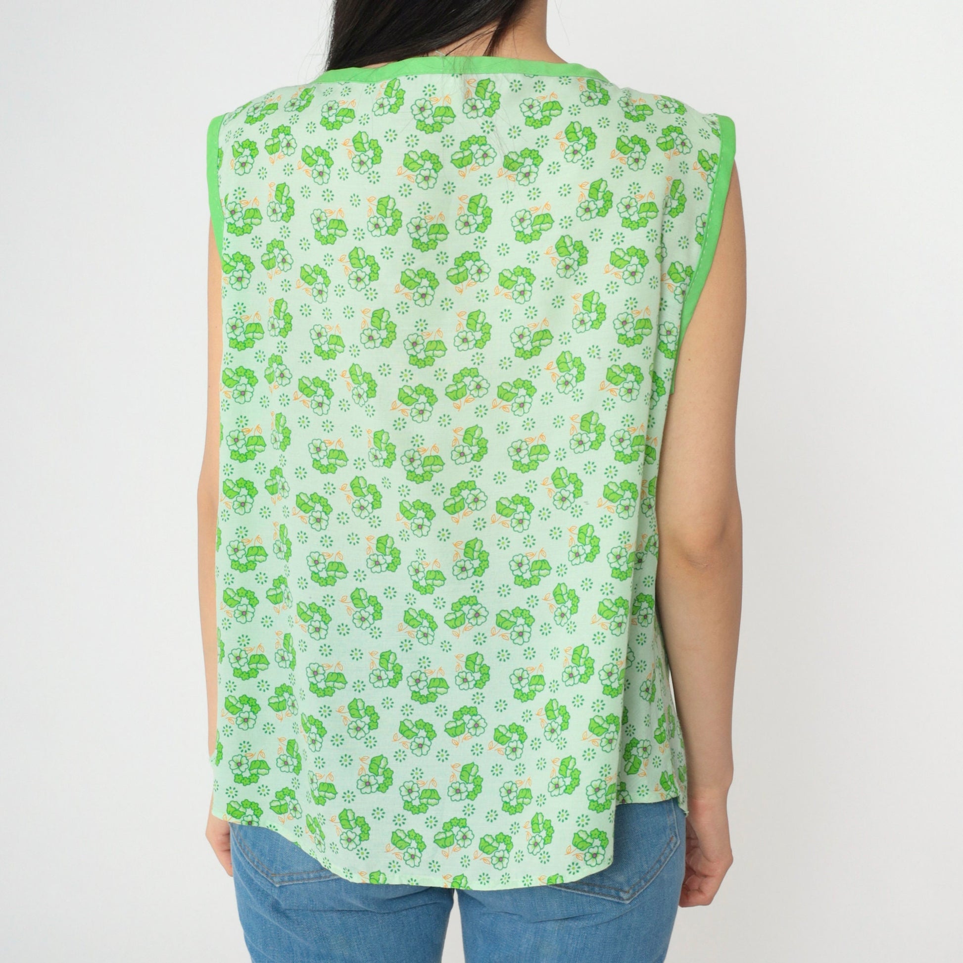 70s Floral Green Tank Top Button-Up Ruffled Sleeveless Blouse Extra Large XL