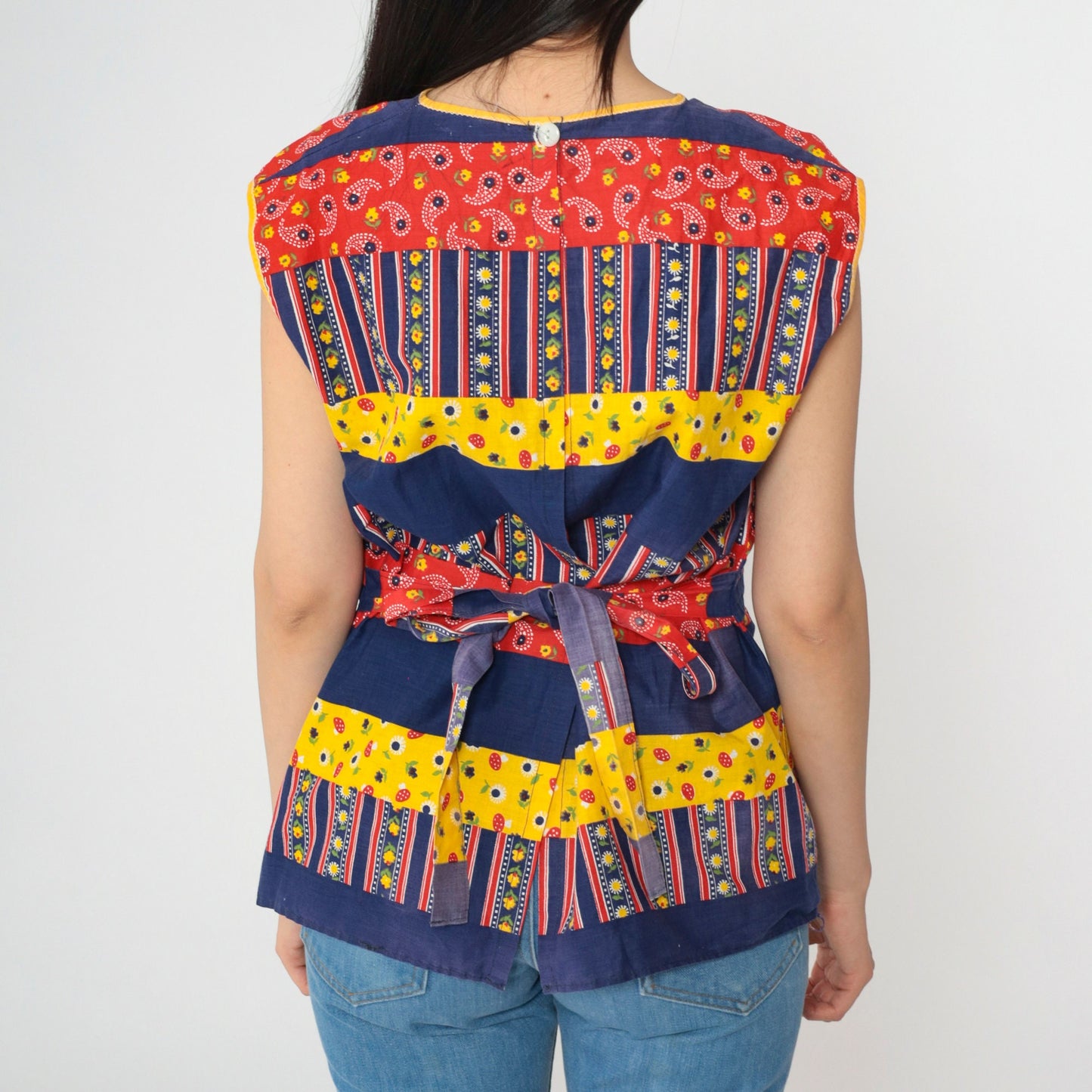 70s Patchwork Sleeveless Tunic Blouse Open Back Belted Yellow Navy Medium