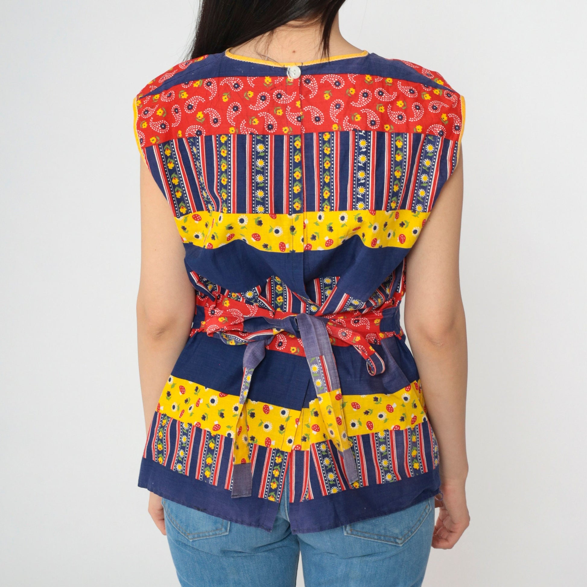 70s Patchwork Sleeveless Tunic Blouse Open Back Belted Yellow Navy Medium