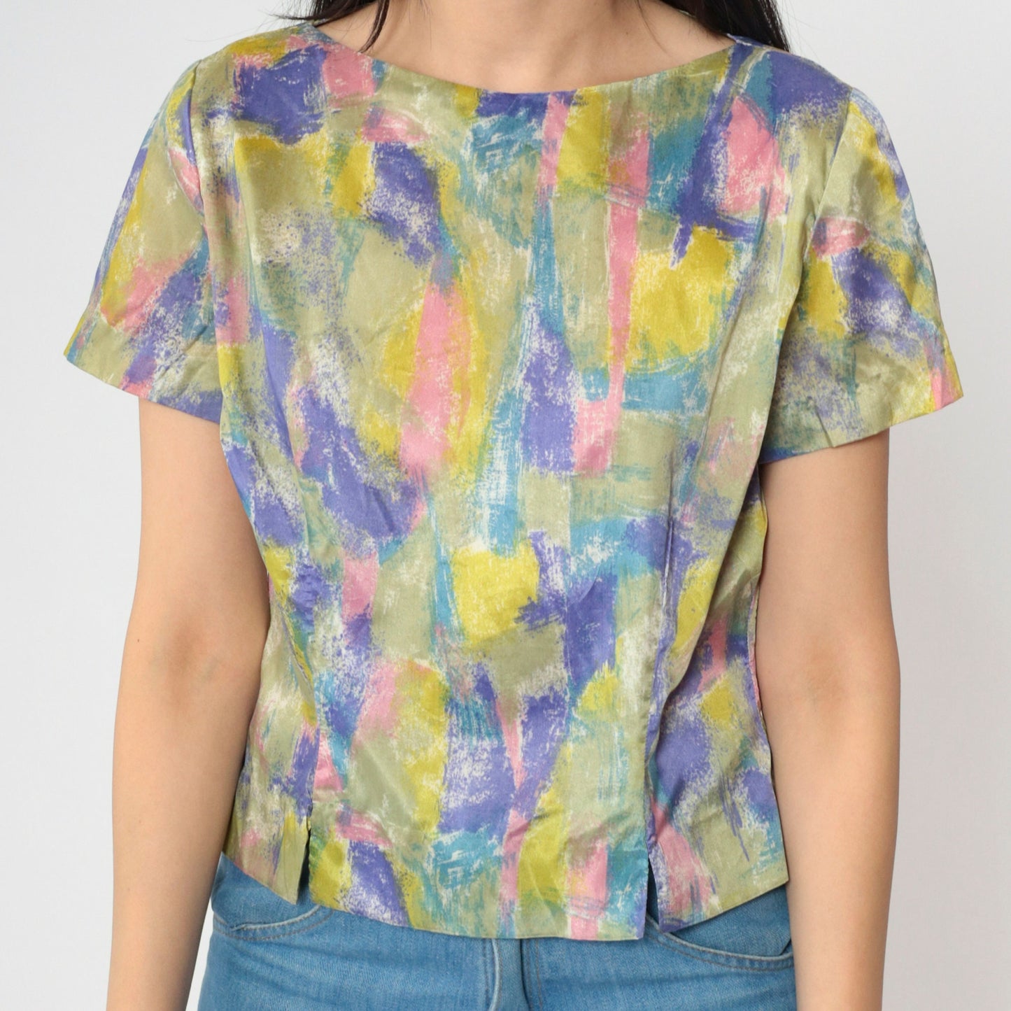 60s Judy Bond Abstract Brushstroke Blouse Multicolor Button Back Small