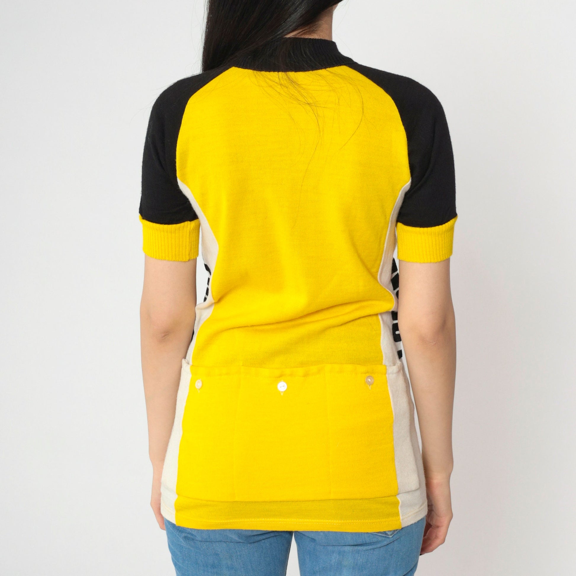 80s Giordana Sport Cycling Jersey Yellow Black Wool Blend Half-Zip Small