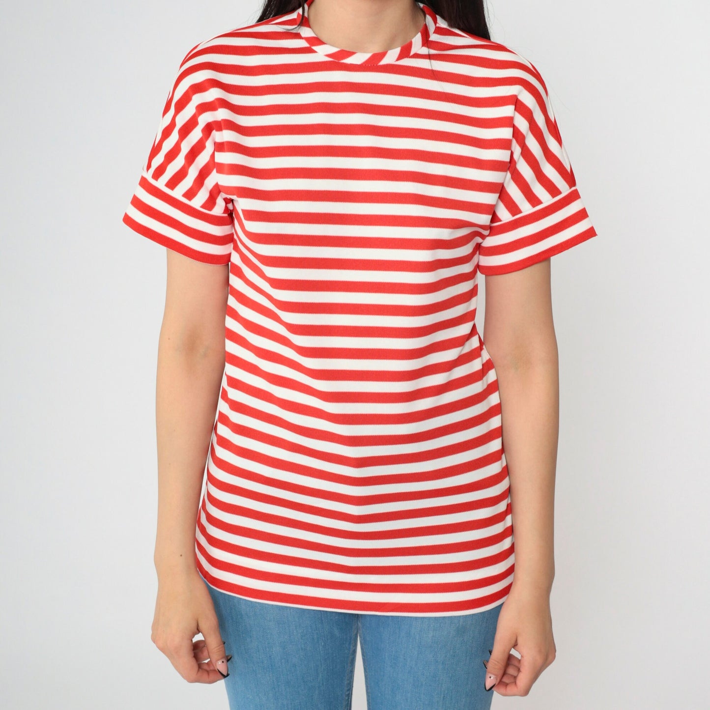 70s Jonathan Logan Striped Blouse Red White Short Sleeve Rear Zip Small