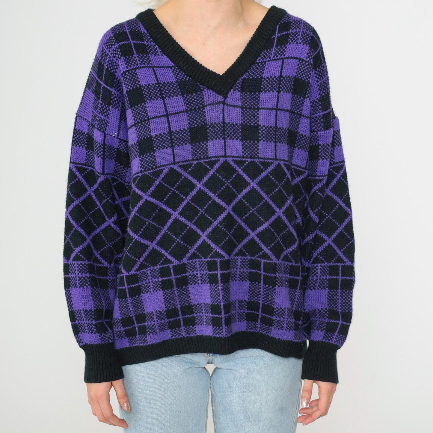 90s Purple Black Checkered Sweater V Neck Knit Pullover Plus Size XXL