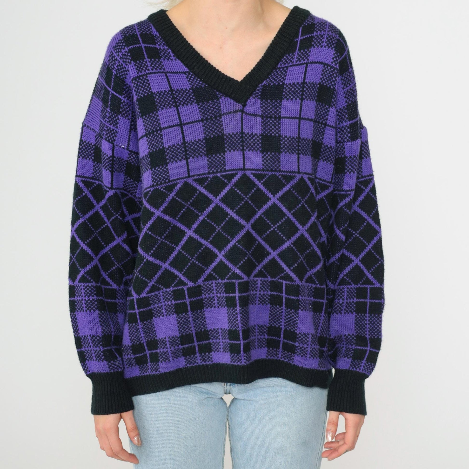 90s Purple Black Checkered Sweater V Neck Knit Pullover Plus Size XXL