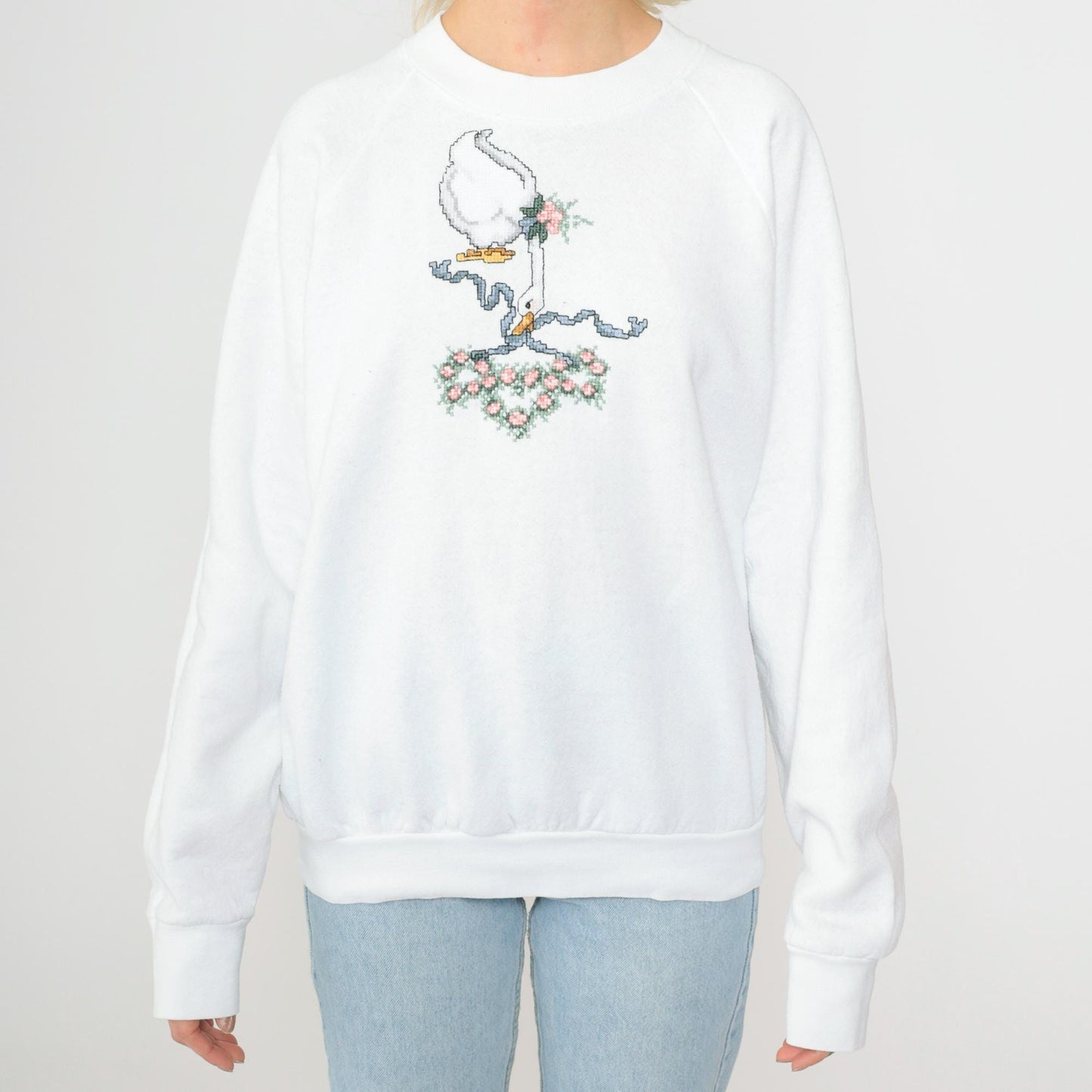 90s Goose Floral Cross-Stitch Sweatshirt White Raglan Graphic Large