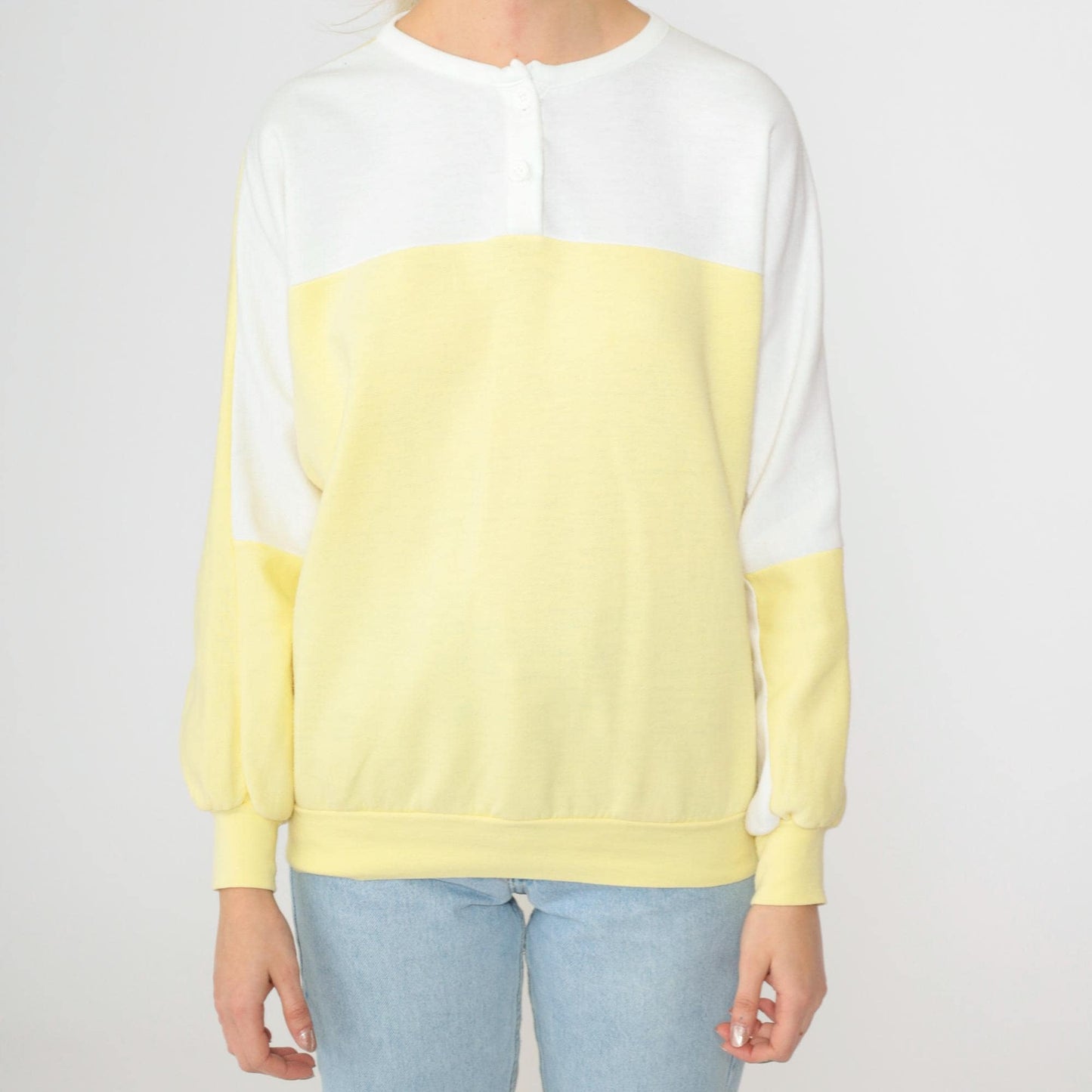 80s Yellow & White Henley Sweatshirt Color Block Slouchy Large