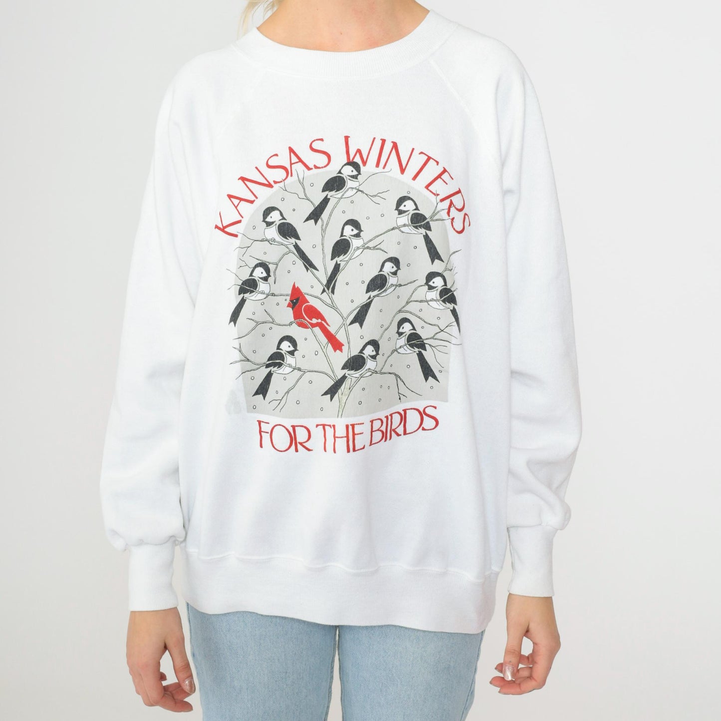 90s Kansas Winter Bird Graphic Sweatshirt White Crewneck Large