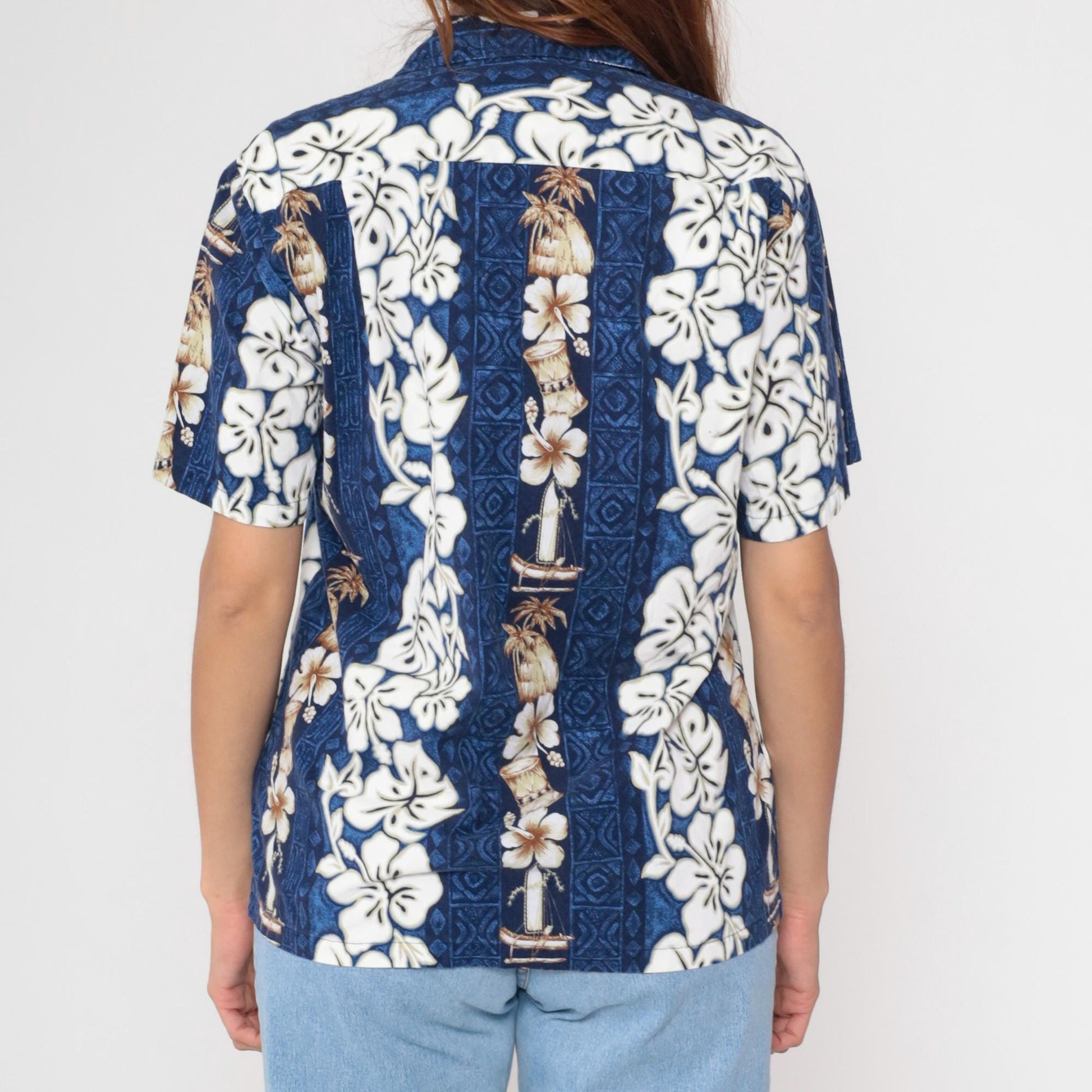 90s RJC Hawaiian Shirt Blue Tropical Floral Hibiscus Aloha Small