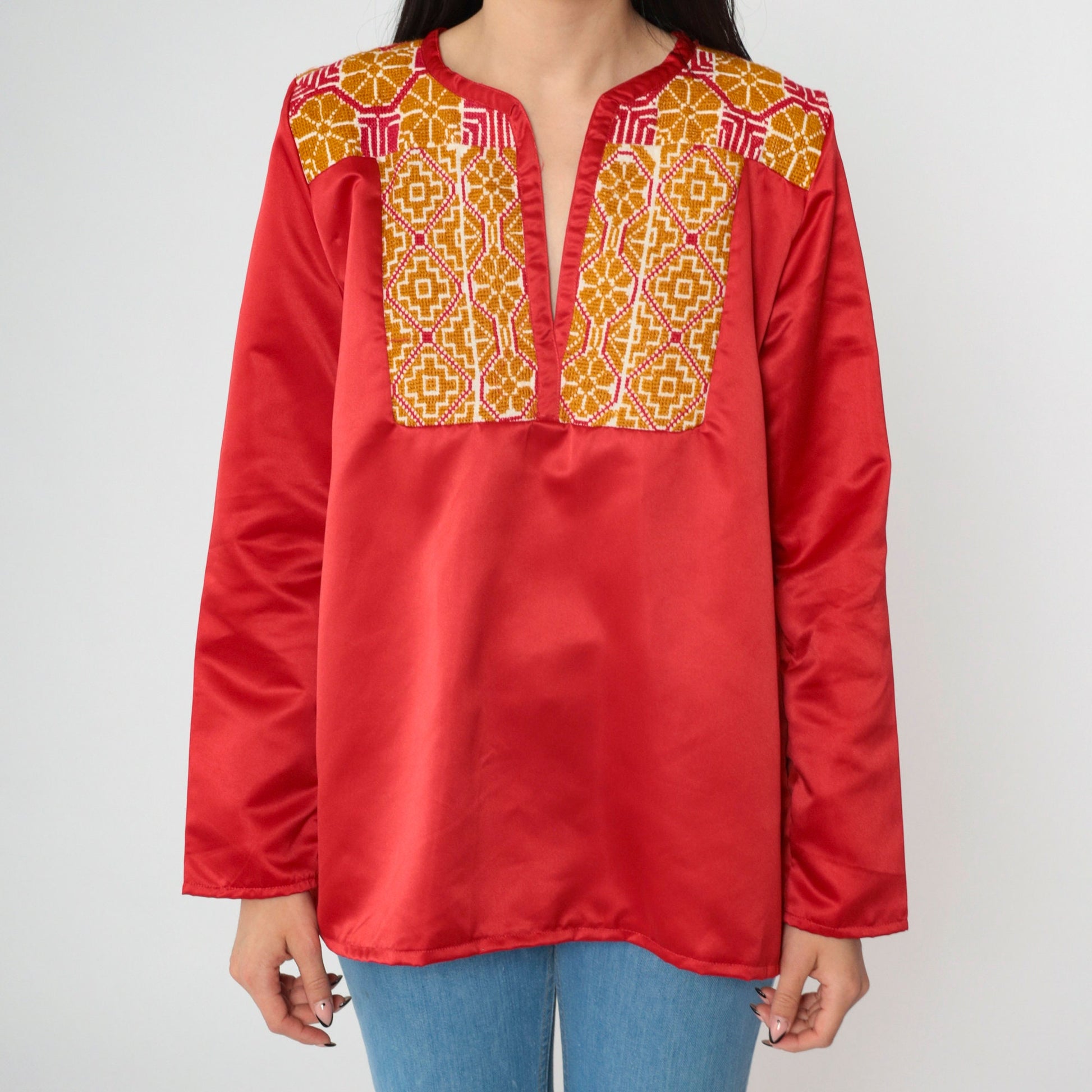 70s Red Satin Tunic Top Floral Embroidered Yoke Long Sleeve Small