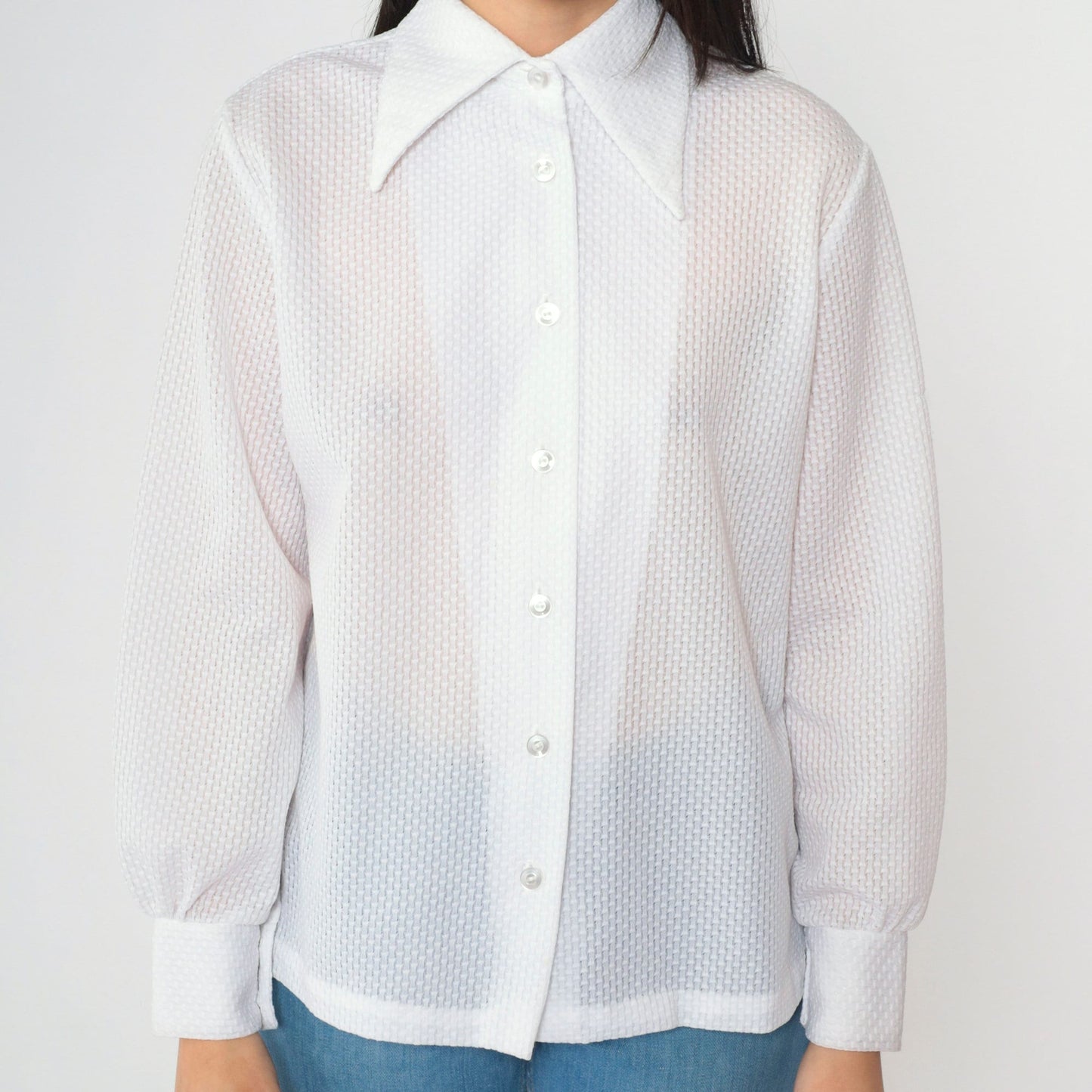 70s White Textured Disco Collar Button-Down Blouse Long Sleeve Medium Large