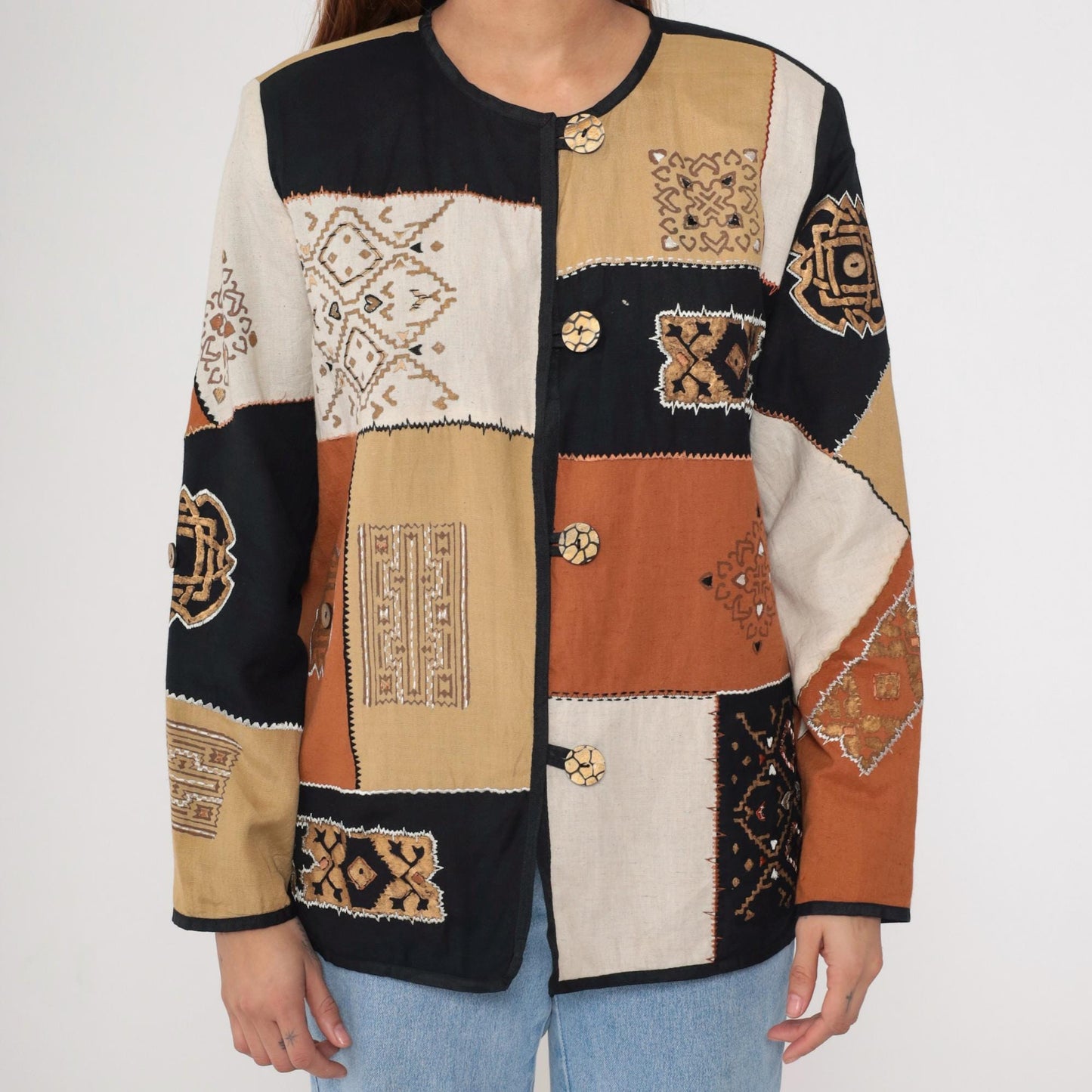 90s Allure Patchwork Geometric Blazer Metallic Tan Black Burnt Orange Medium