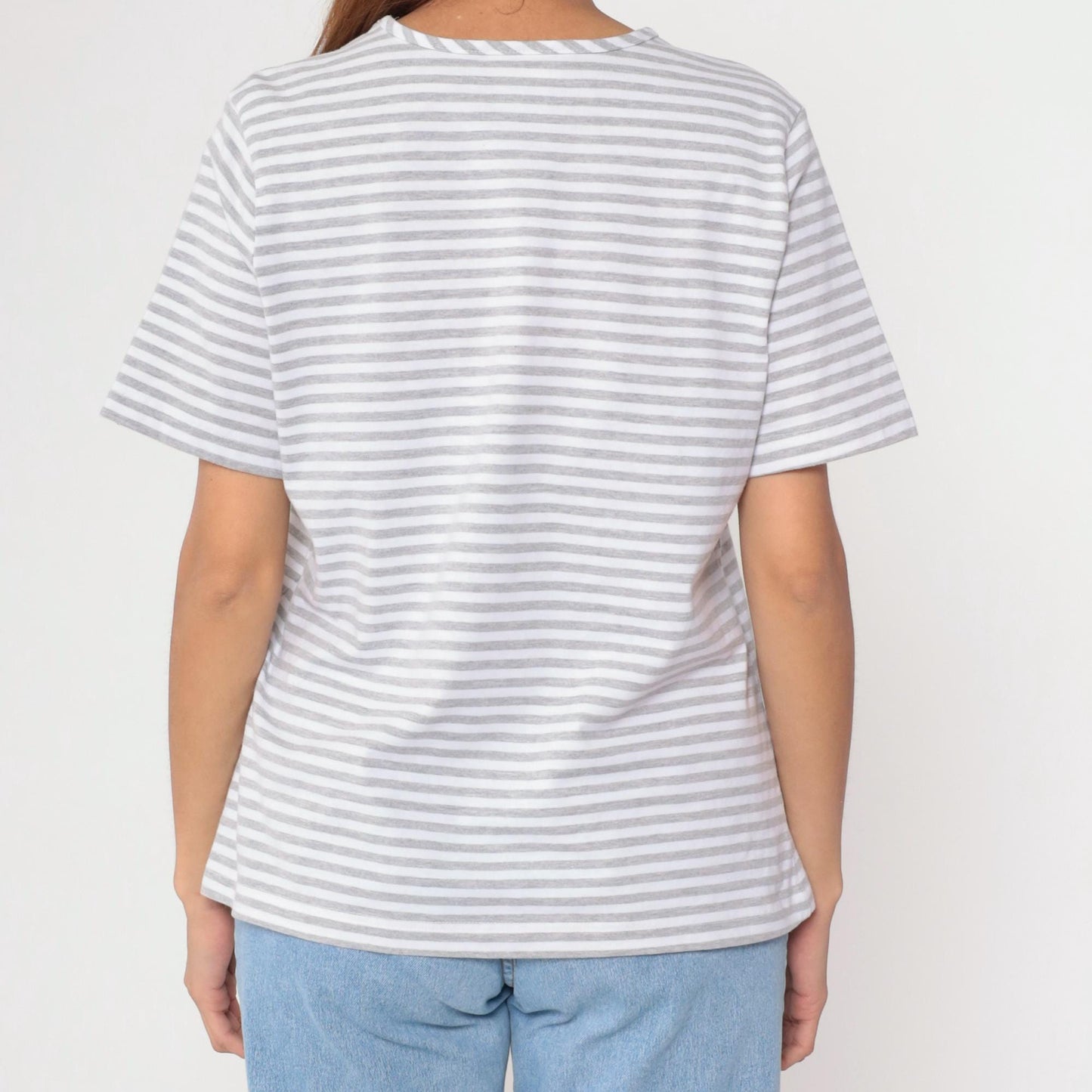 90s Grey & White Striped T-Shirt Cotton Blend Crewneck Large