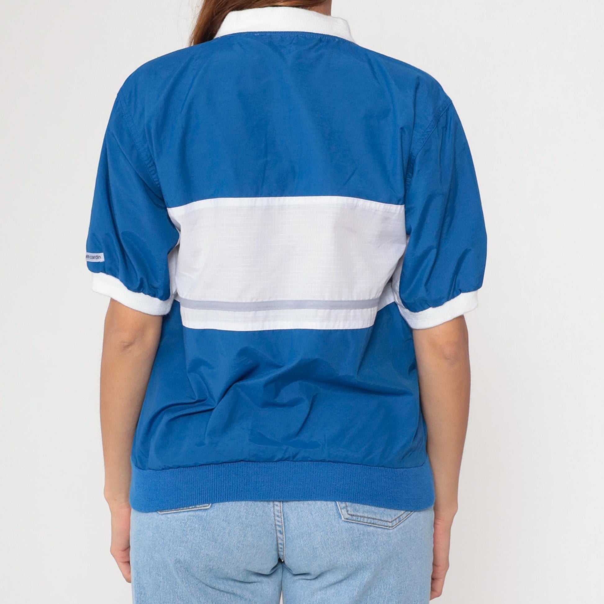80s Pierre Cardin Ringer Tee White Blue Colour Block V-Neck Small S