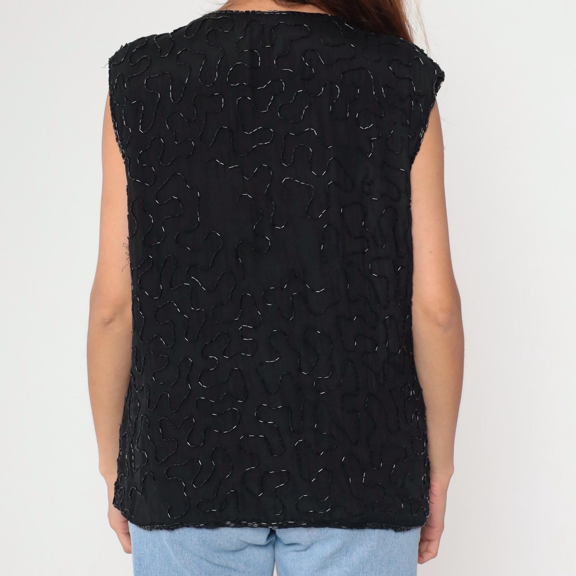 90s Midnight Run Black Silk Beaded Vest Gold Leaf Sequin Deep V Medium