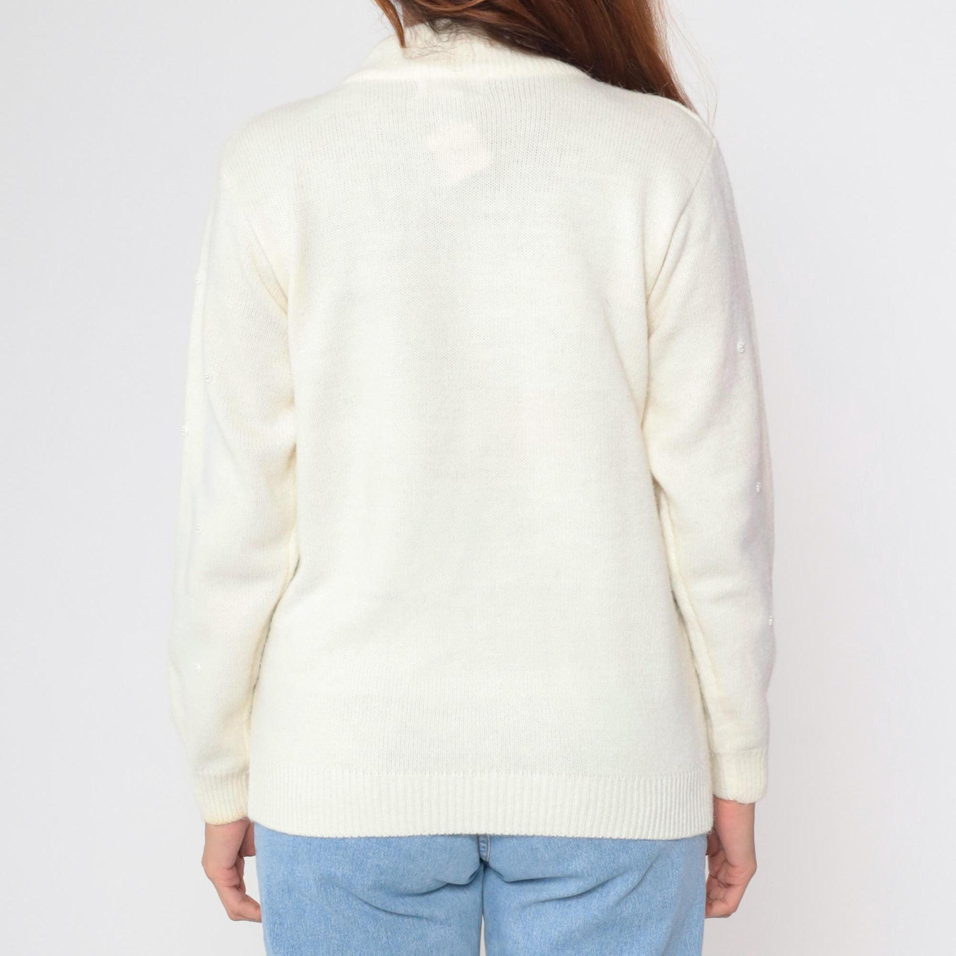 90s Alfred Dunner Sequin Beaded Sweater Cream Geometric Mock Neck Medium