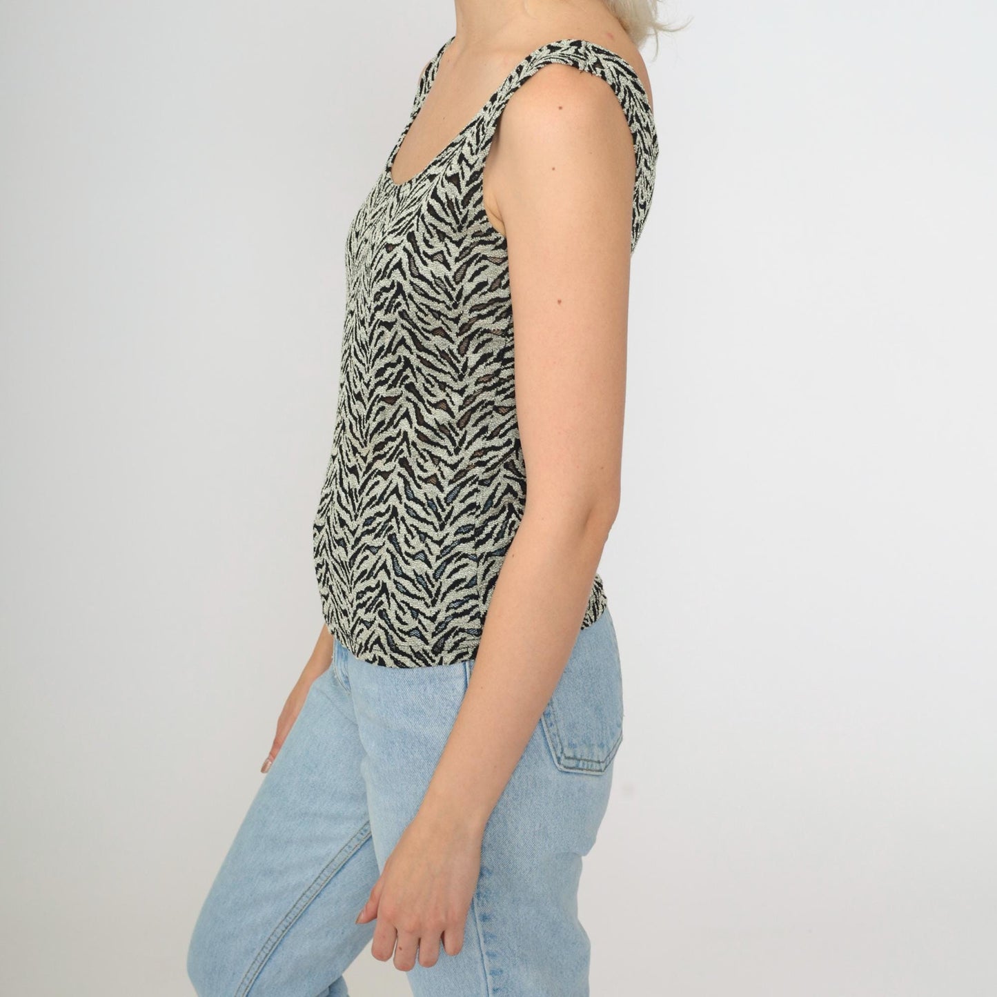 90s Zebra Stripe Tank Top Grey Sheer Mesh Scoop Neck Small Medium