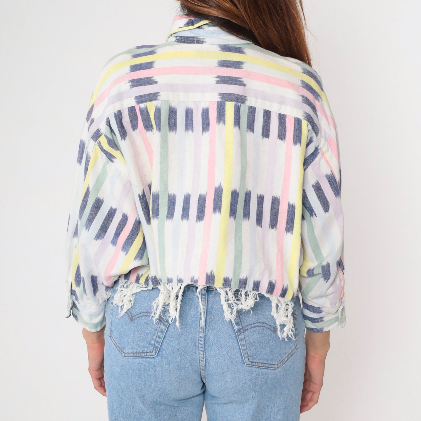 90s Ikat Striped Cotton Blouse Button-Up Long Sleeve Cropped White Small