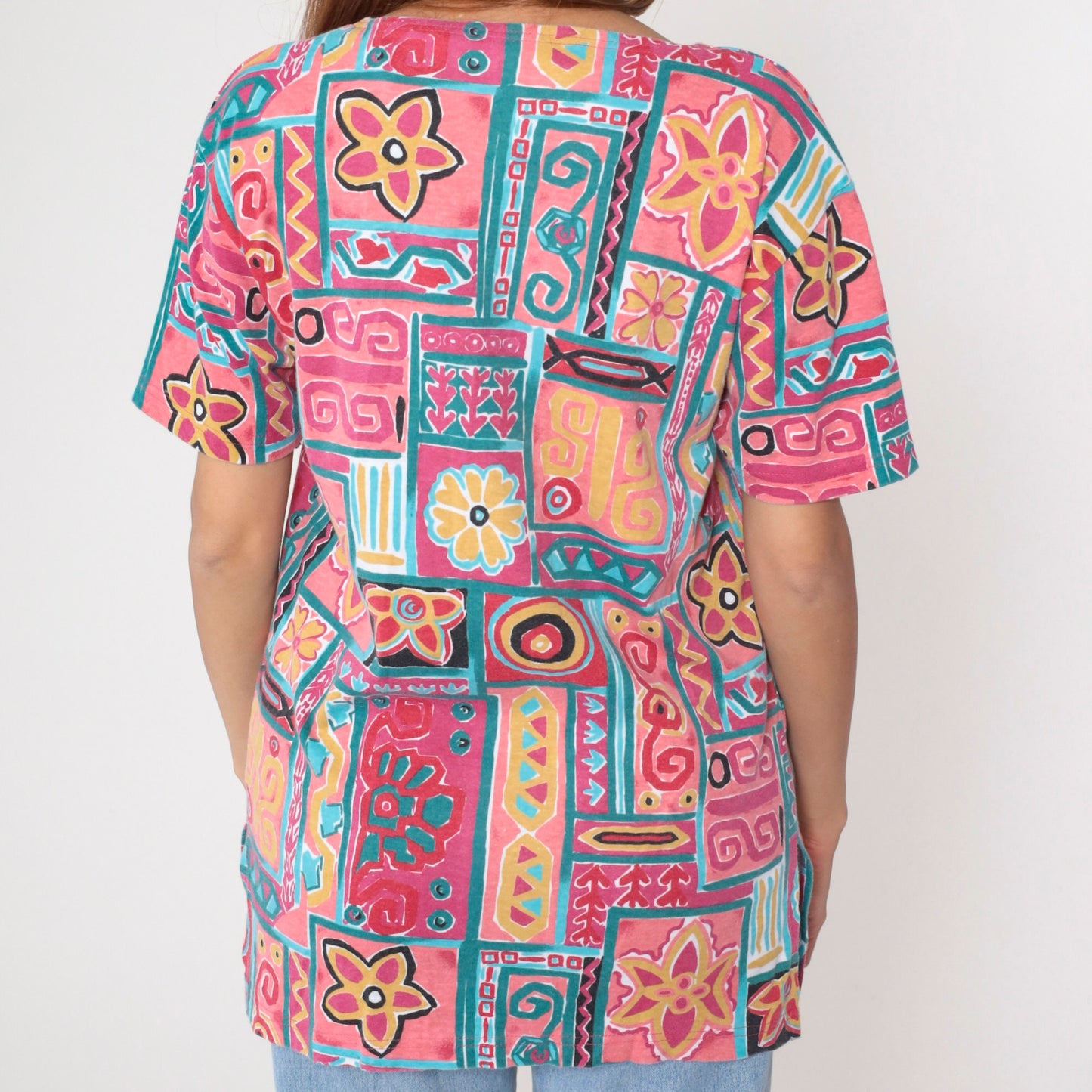 90s Geometric Floral T-Shirt Pink Teal Cotton Blend Medium