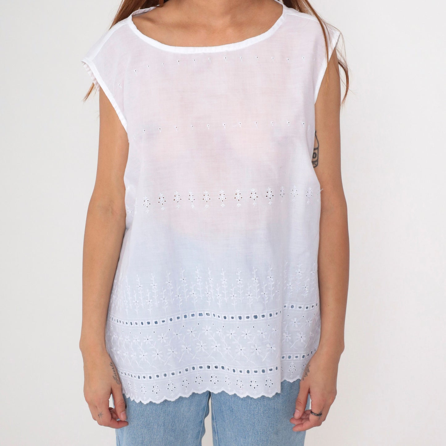 80s White Eyelet Lace Tank Top Floral Embroidered Sleeveless Tunic Large
