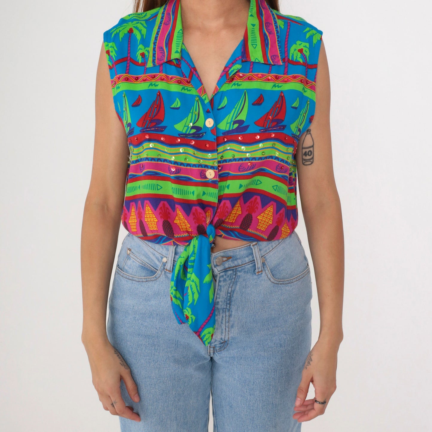 90s Tropical Sequin Tie-Front Blouse Sailboat Beaded Sleeveless Small