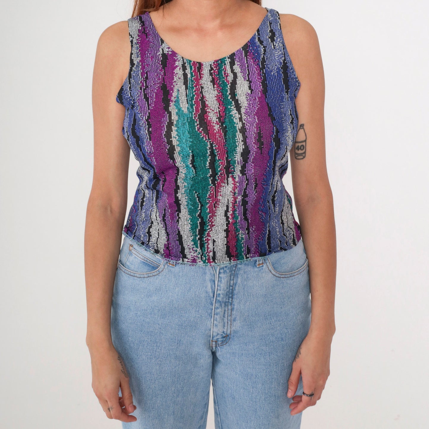 90s Abstract Print Tank Top Purple Turquoise Green Scoop Neck Small