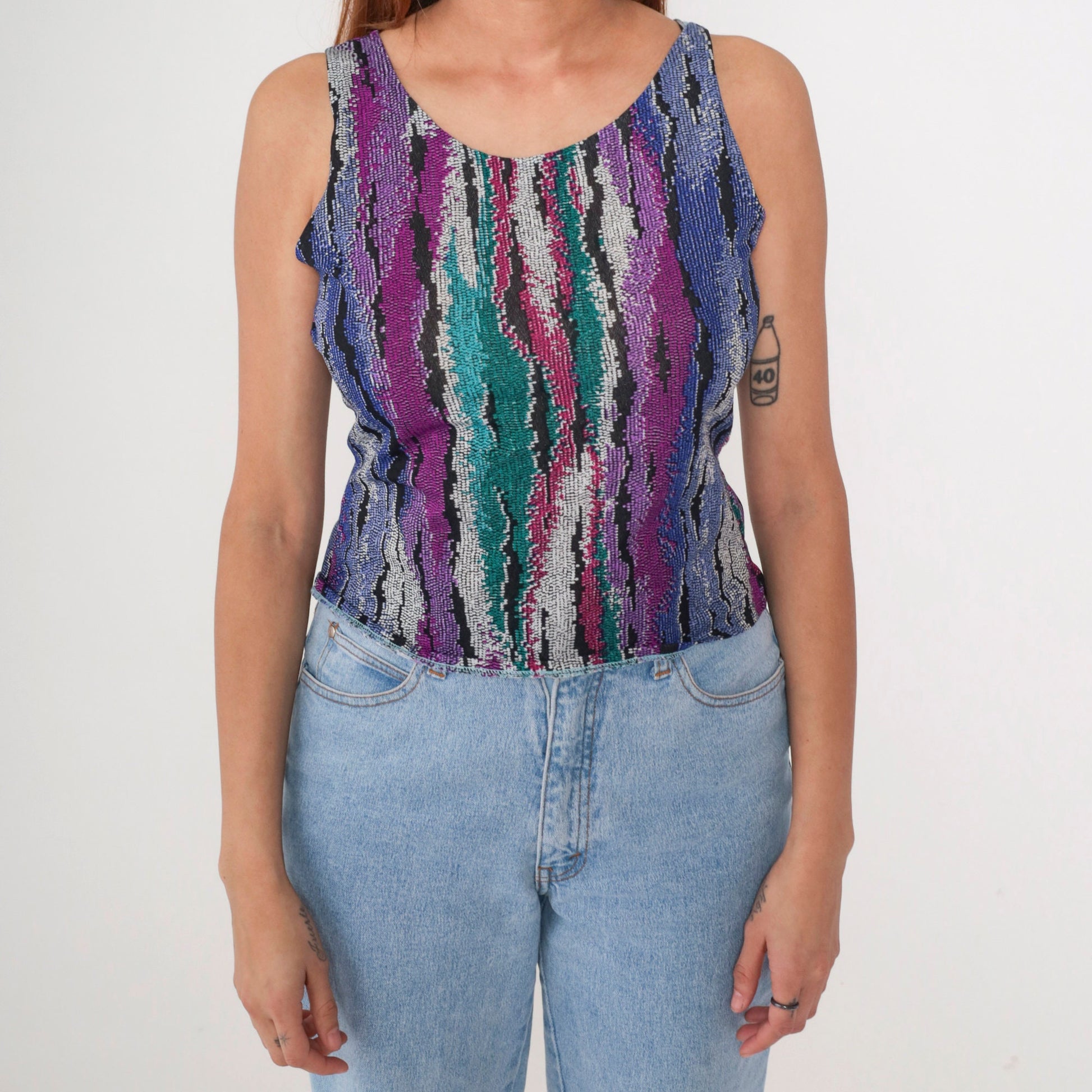 90s Abstract Print Tank Top Purple Turquoise Green Scoop Neck Small