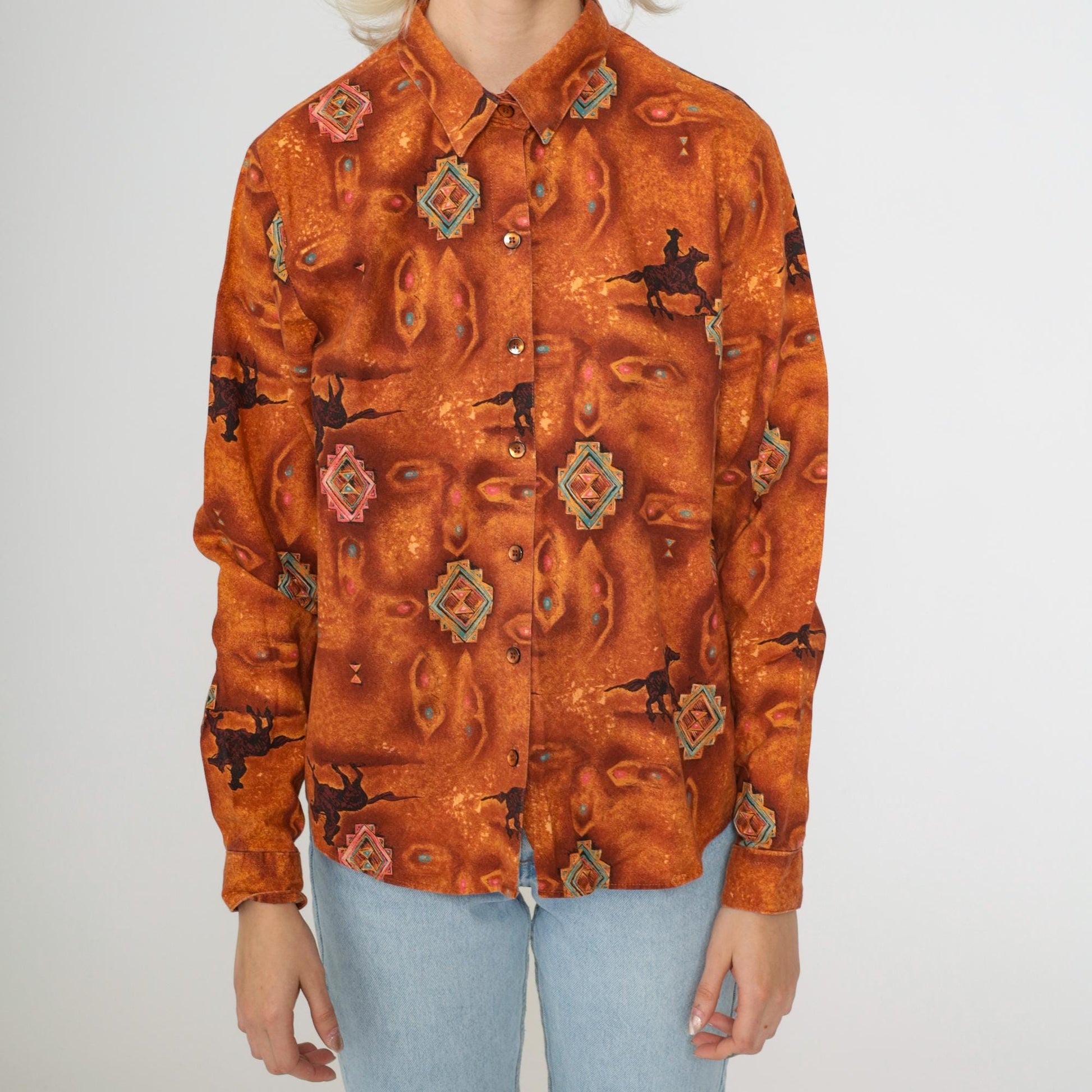 90s Panhandle Slim Western Cowboy Shirt Burnt Orange Horse Print Small