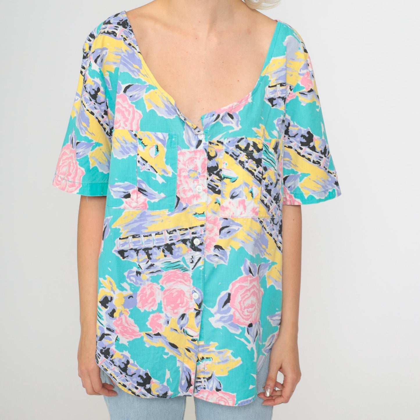 90s Cherokee Turquoise Floral Abstract Button-Up Blouse Short Sleeve Medium
