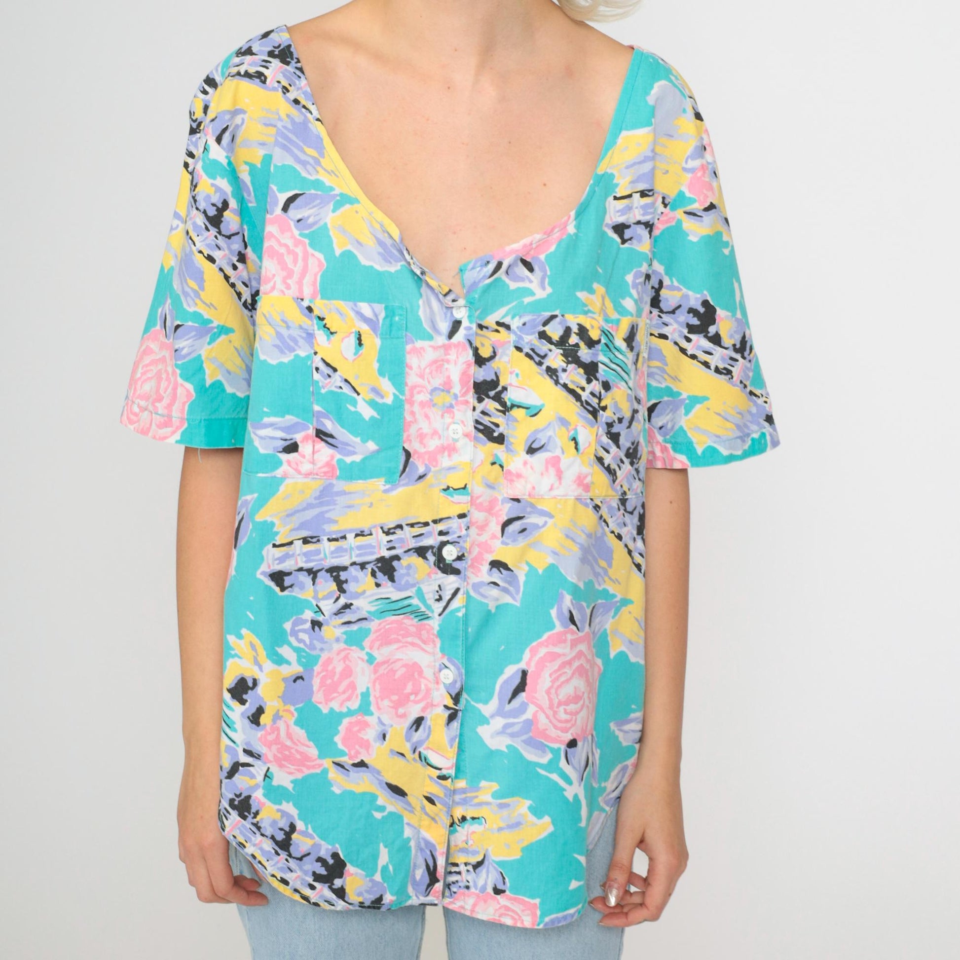 90s Cherokee Turquoise Floral Abstract Button-Up Blouse Short Sleeve Medium