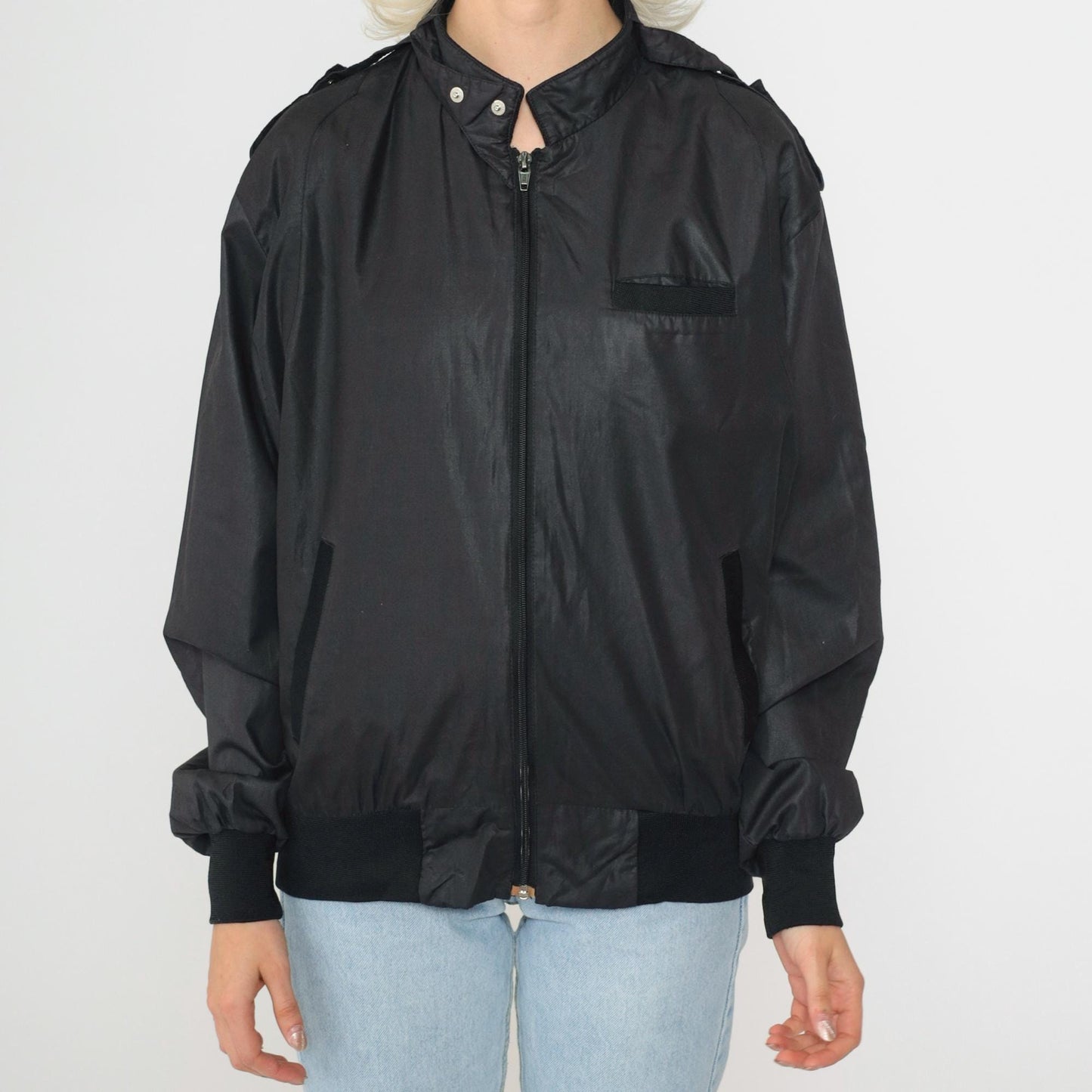 80s Aventura Black Shiny Bomber Jacket Zip Windbreaker Large L