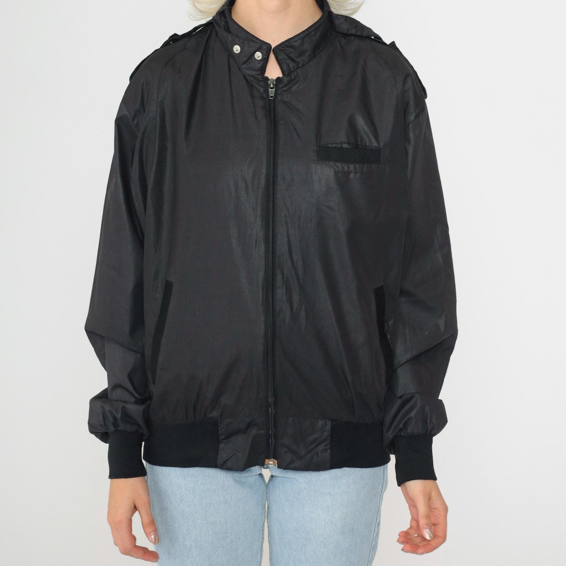 80s Aventura Black Shiny Bomber Jacket Zip Windbreaker Large L