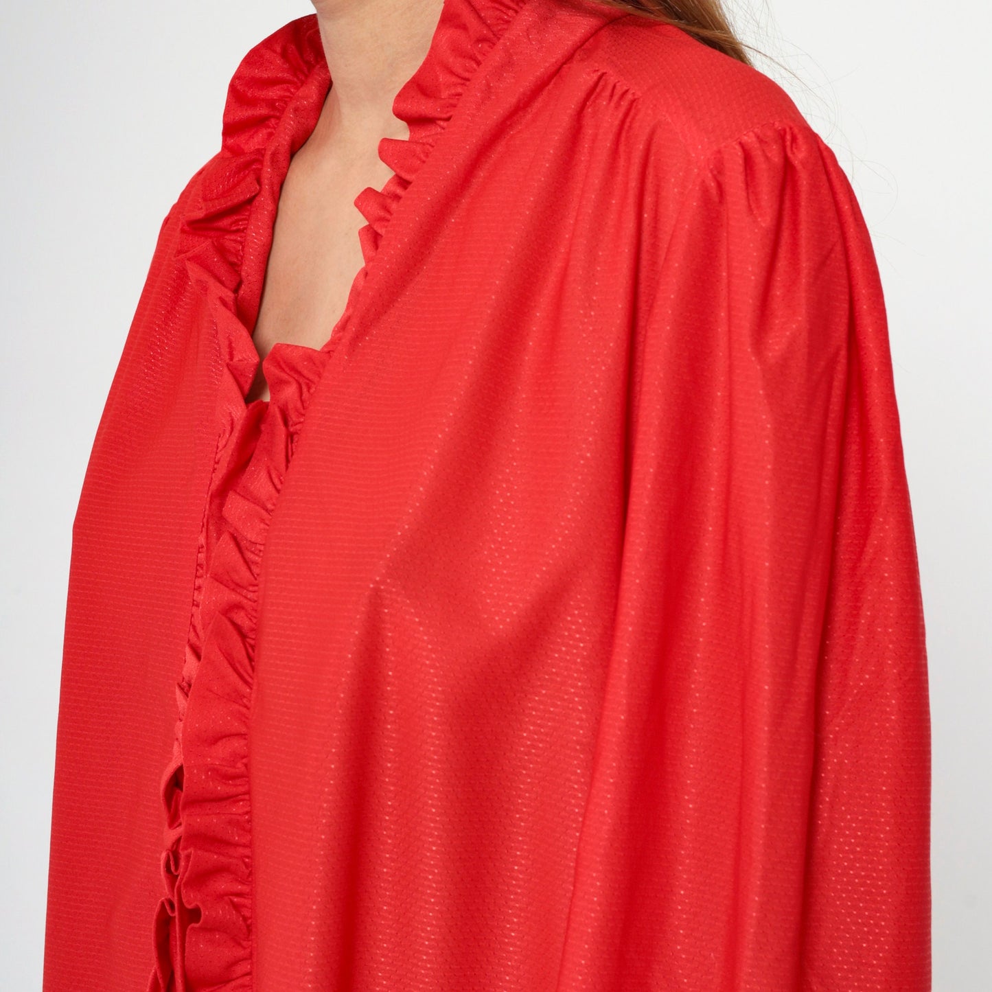 70s Red Puff Sleeve Button-Up Blouse Embossed Dots Ruffled Trim Large