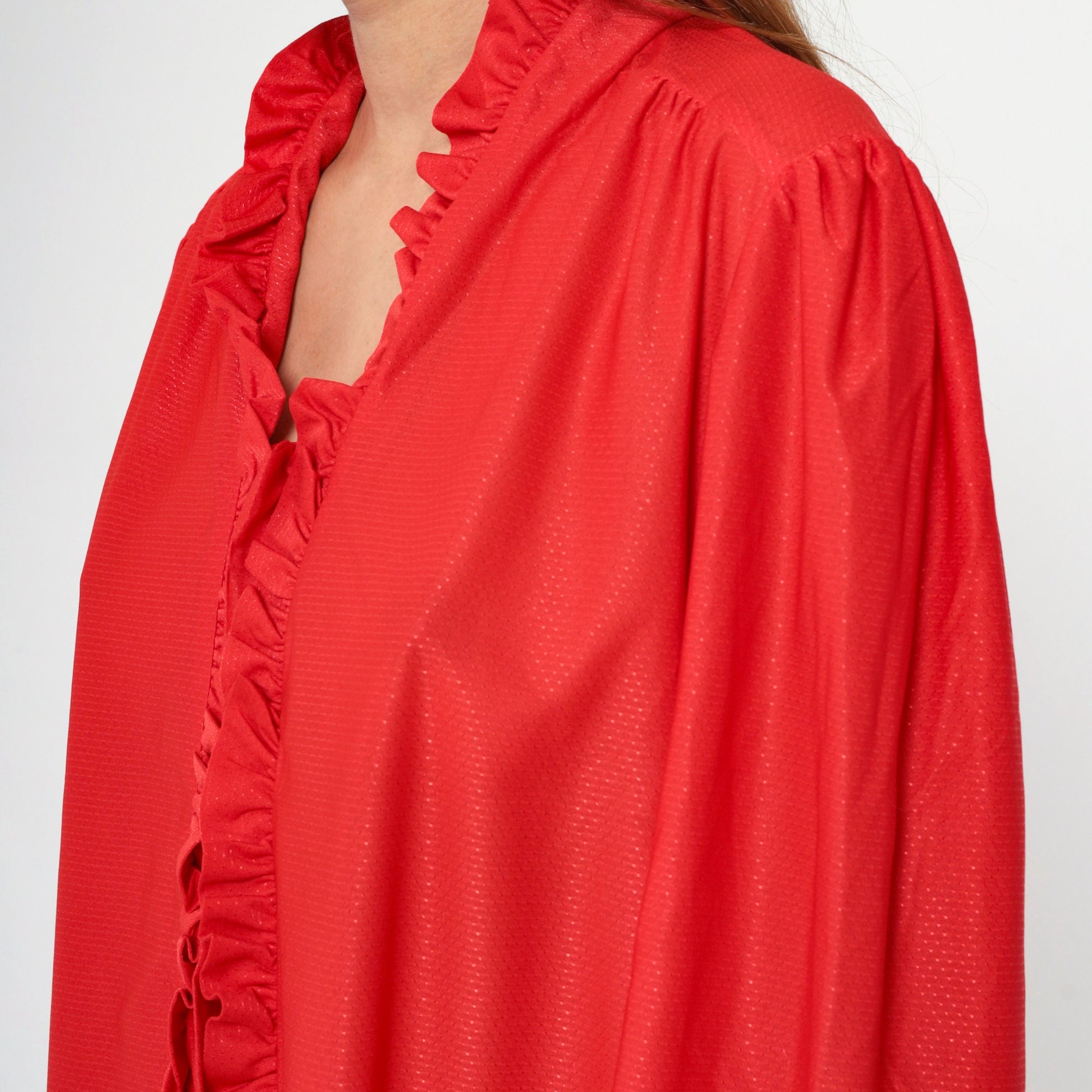 70s Red Puff Sleeve Button-Up Blouse Embossed Dots Ruffled Trim Large