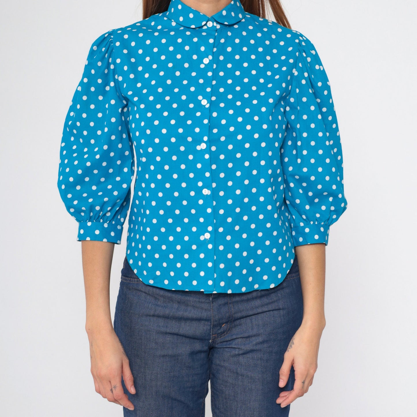 80s Bright Blue Polka Dot Puff Sleeve Button Up Blouse Small S