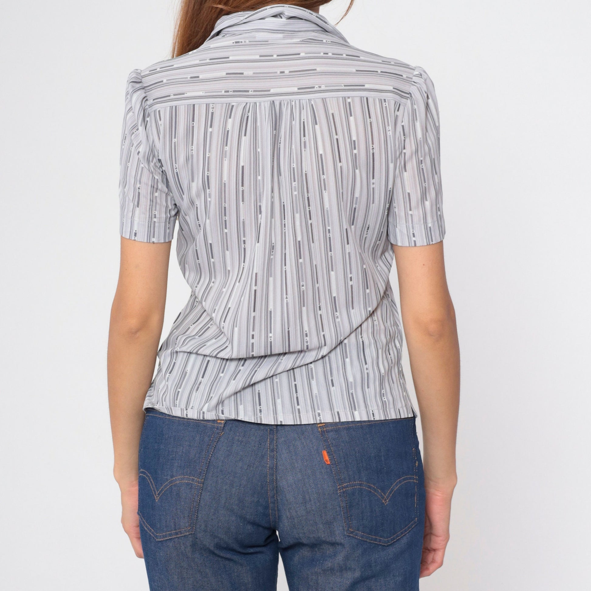 70s Puff Sleeve Button-Up Blouse Grey Broken Stripe Shirt Small S