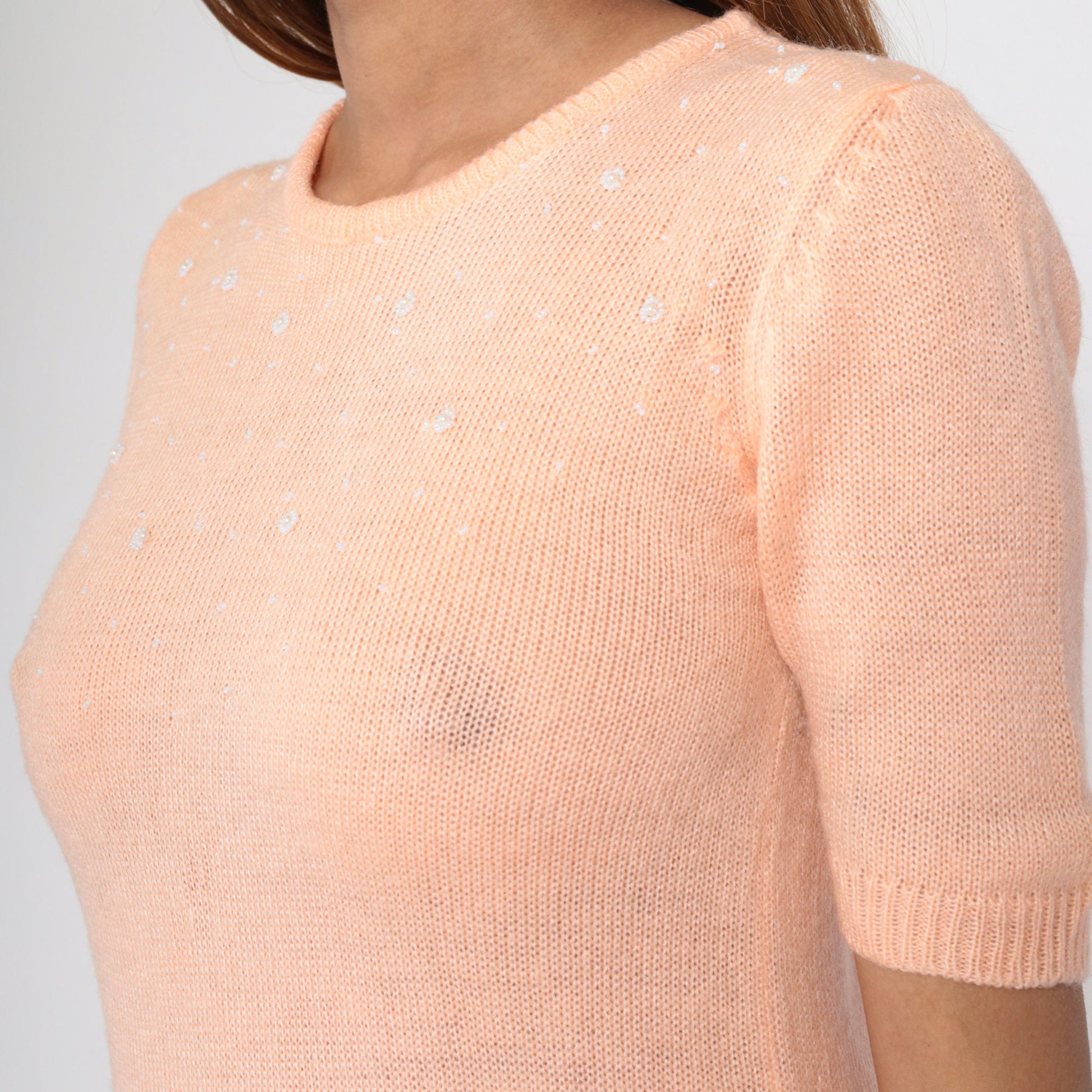 80s Peach Knit Top Beaded Neckline Short Sleeve Blouse Small