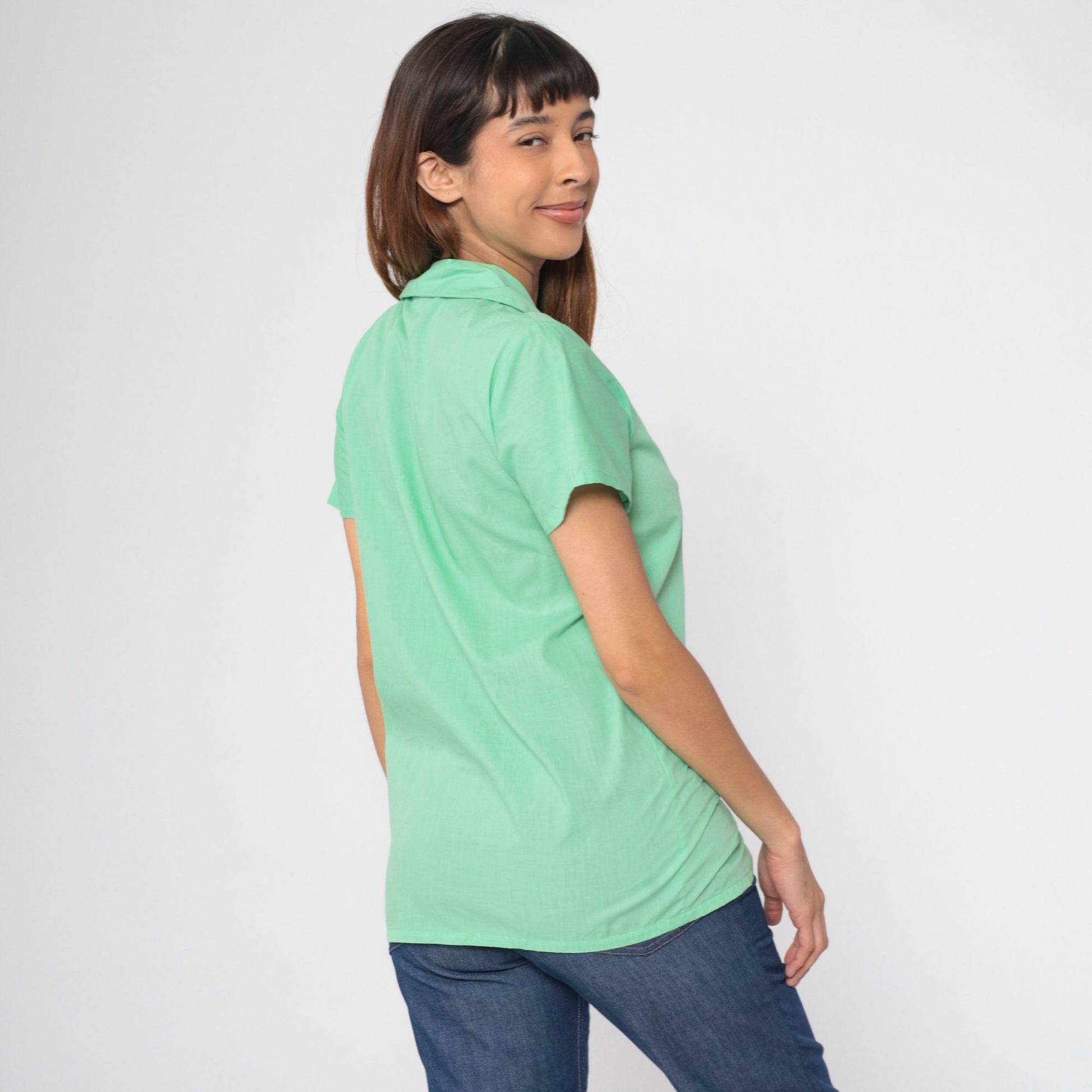 70s Mint Green Button Up Shirt Short Sleeve Sears Blouse Extra Small