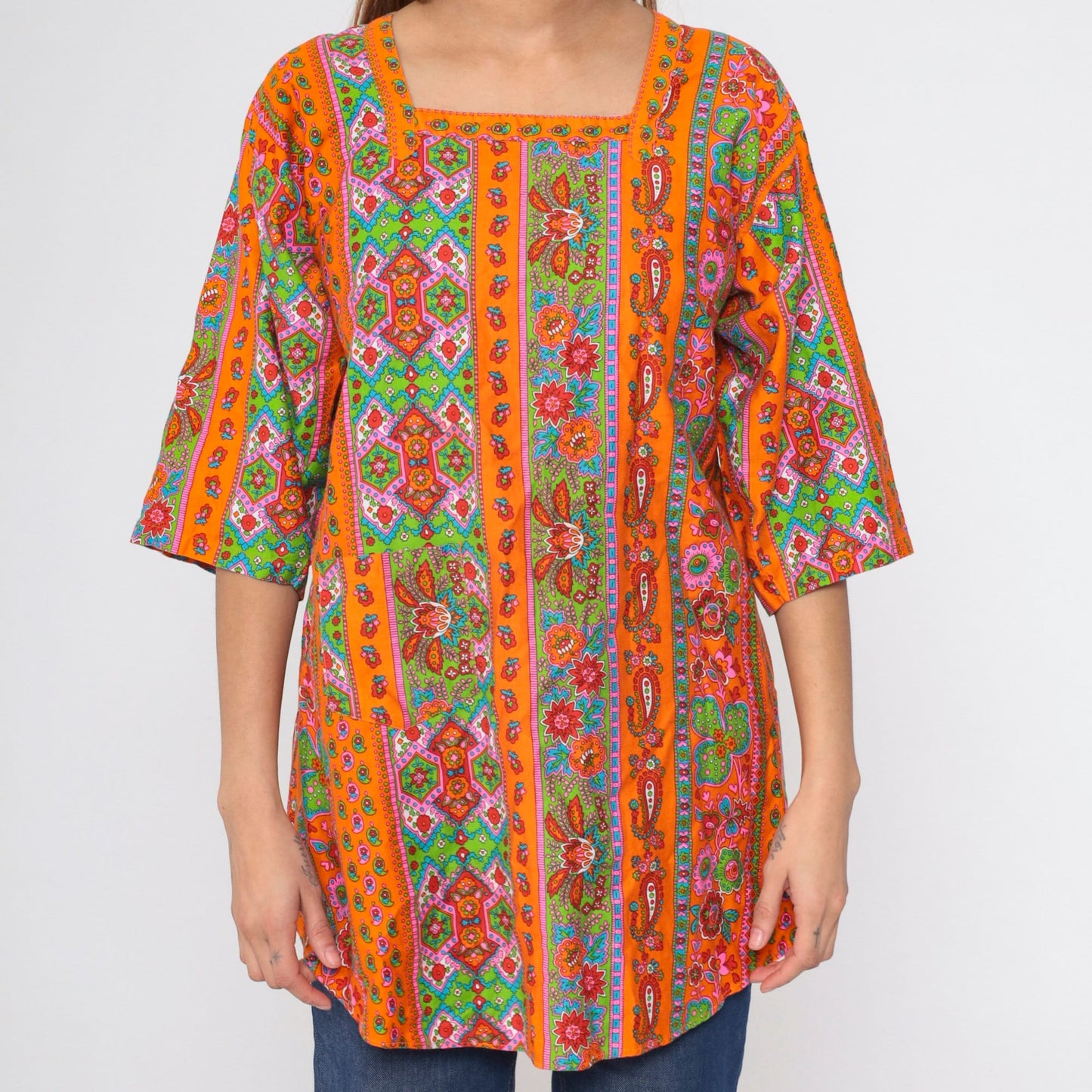70s Floral Paisley Orange Apron Top Tie Back Tunic Small