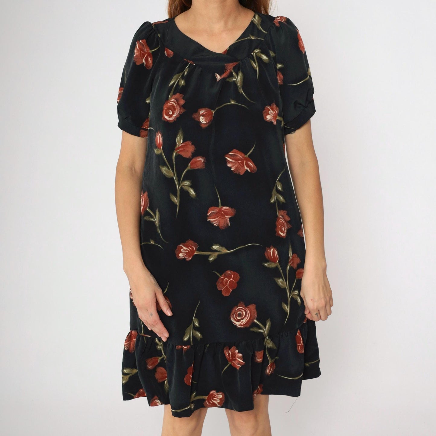 90s Black Floral Mini Dress Puff Sleeve A-Line Red Rose Print Medium