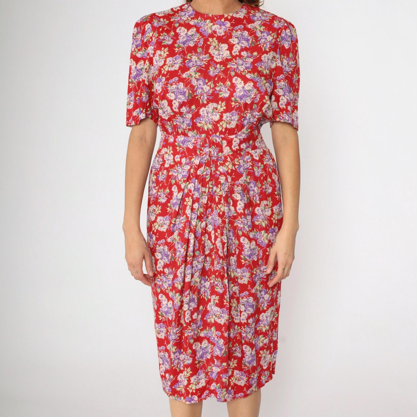 90s Karin Stevens Floral Midi Dress Red Puff Sleeve High Waist Medium 8