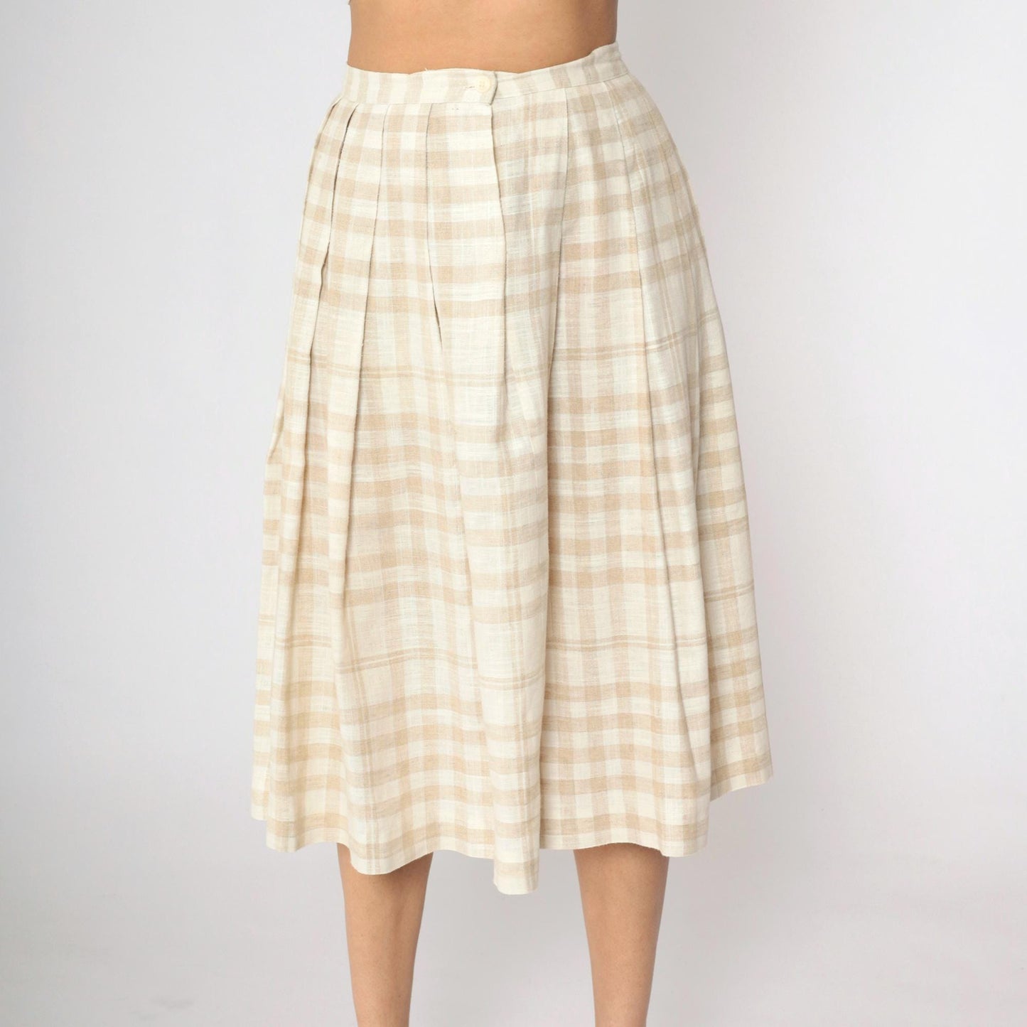 90s Tan Cream Plaid Pleated Midi Skirt High Waist Small