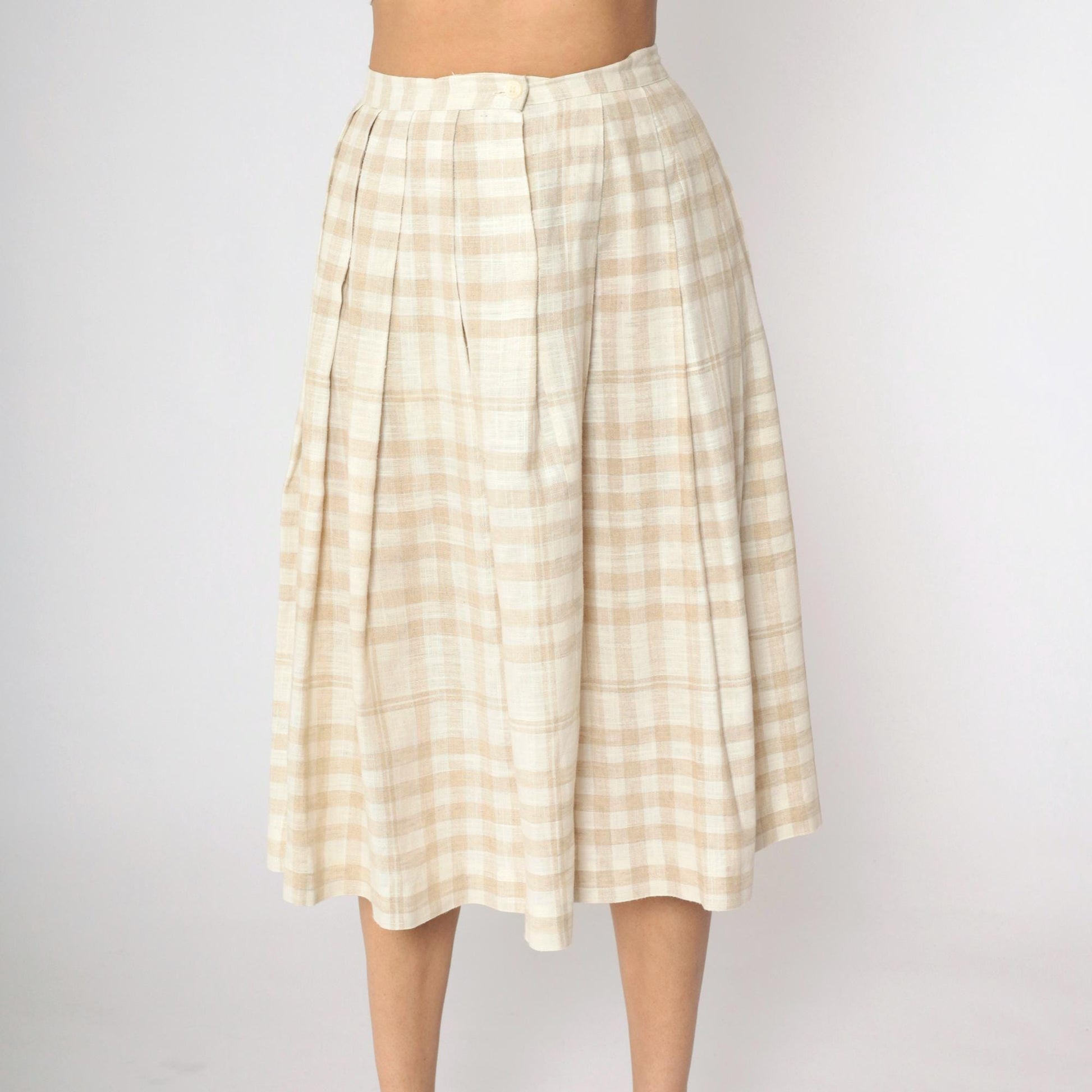 90s Tan Cream Plaid Pleated Midi Skirt High Waist Small