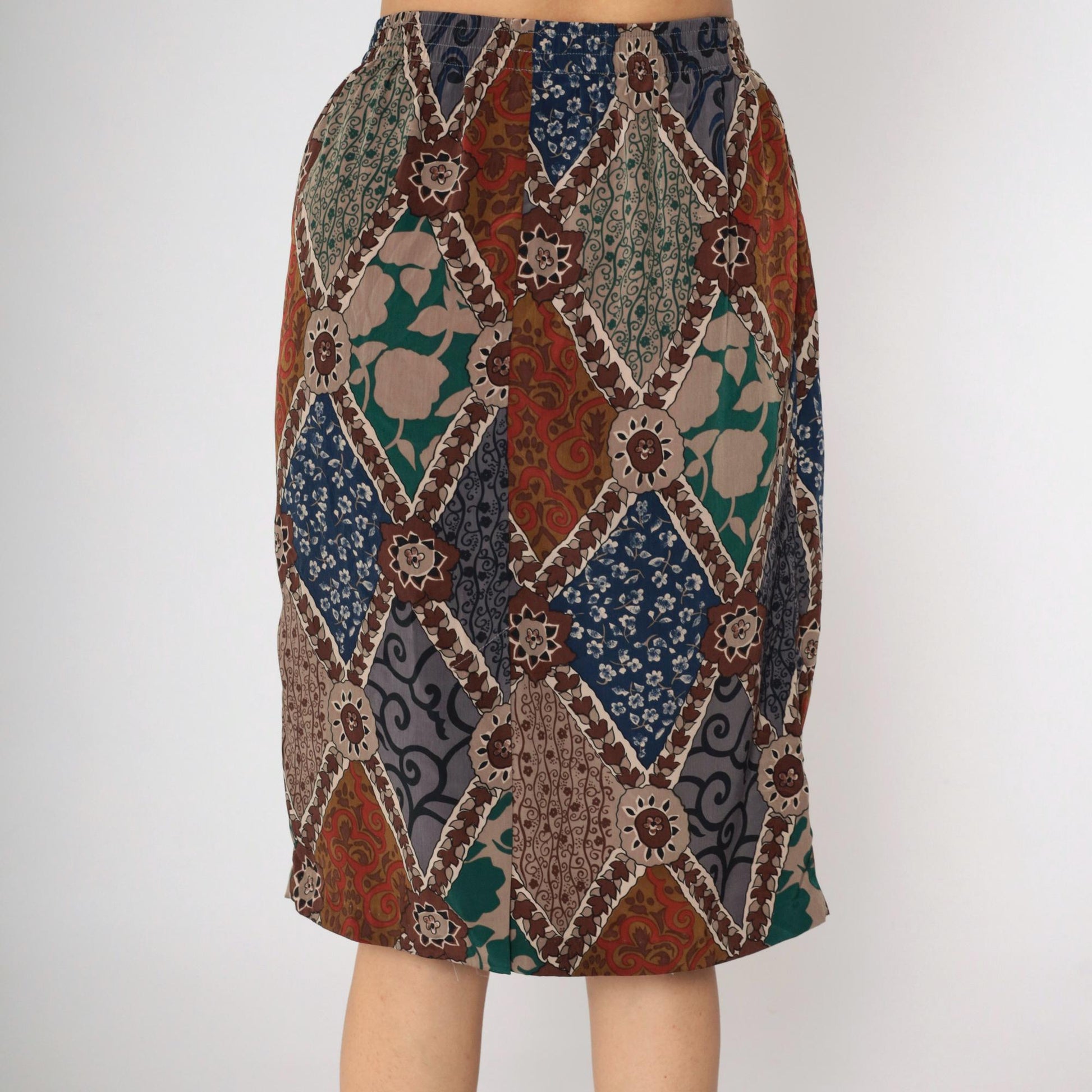 90s Patchwork Floral Midi Skirt High Waist Pencil Cut Red Grey Blue Medium