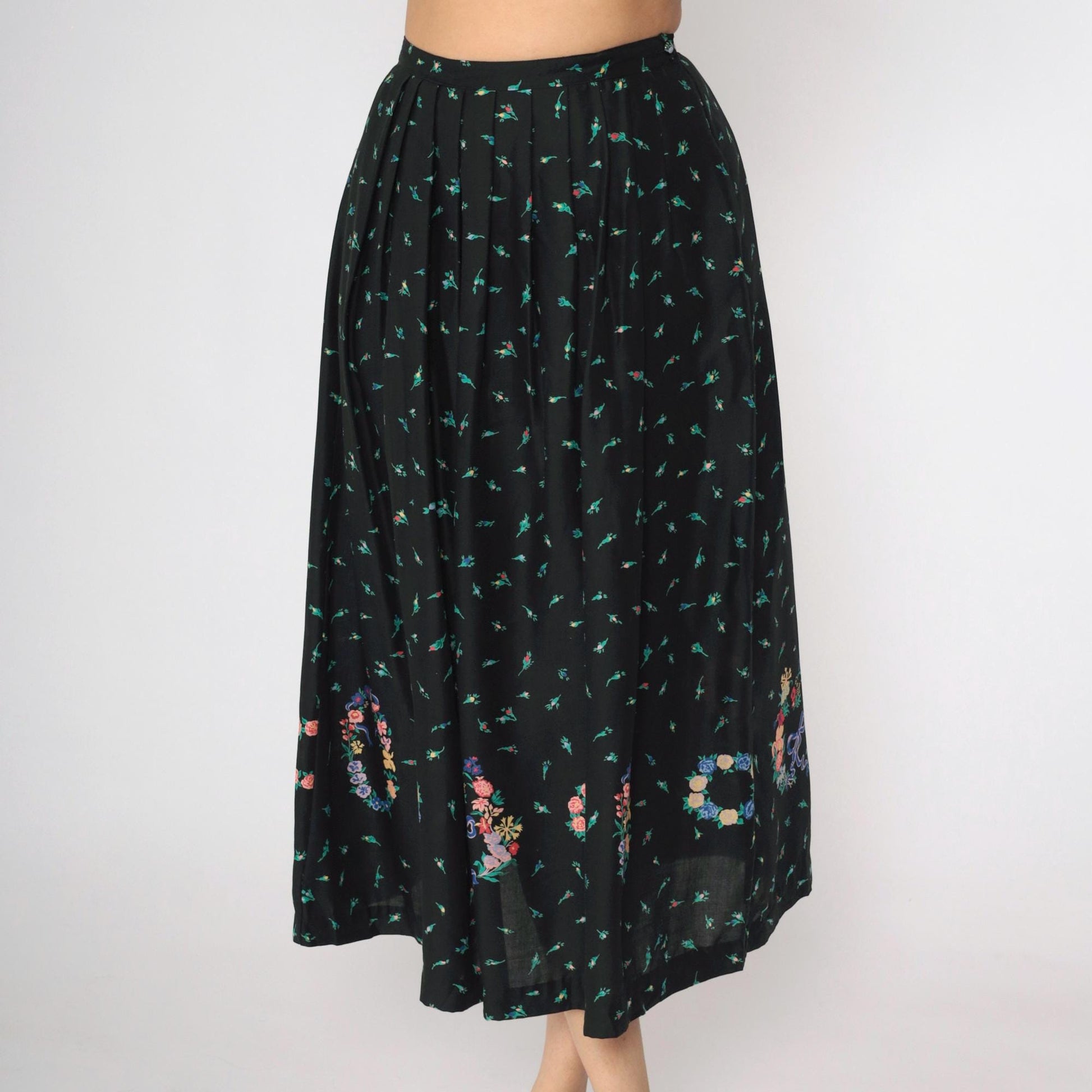 90s The Eagle's Eye Floral Midi Skirt Black Botanical Rayon Small