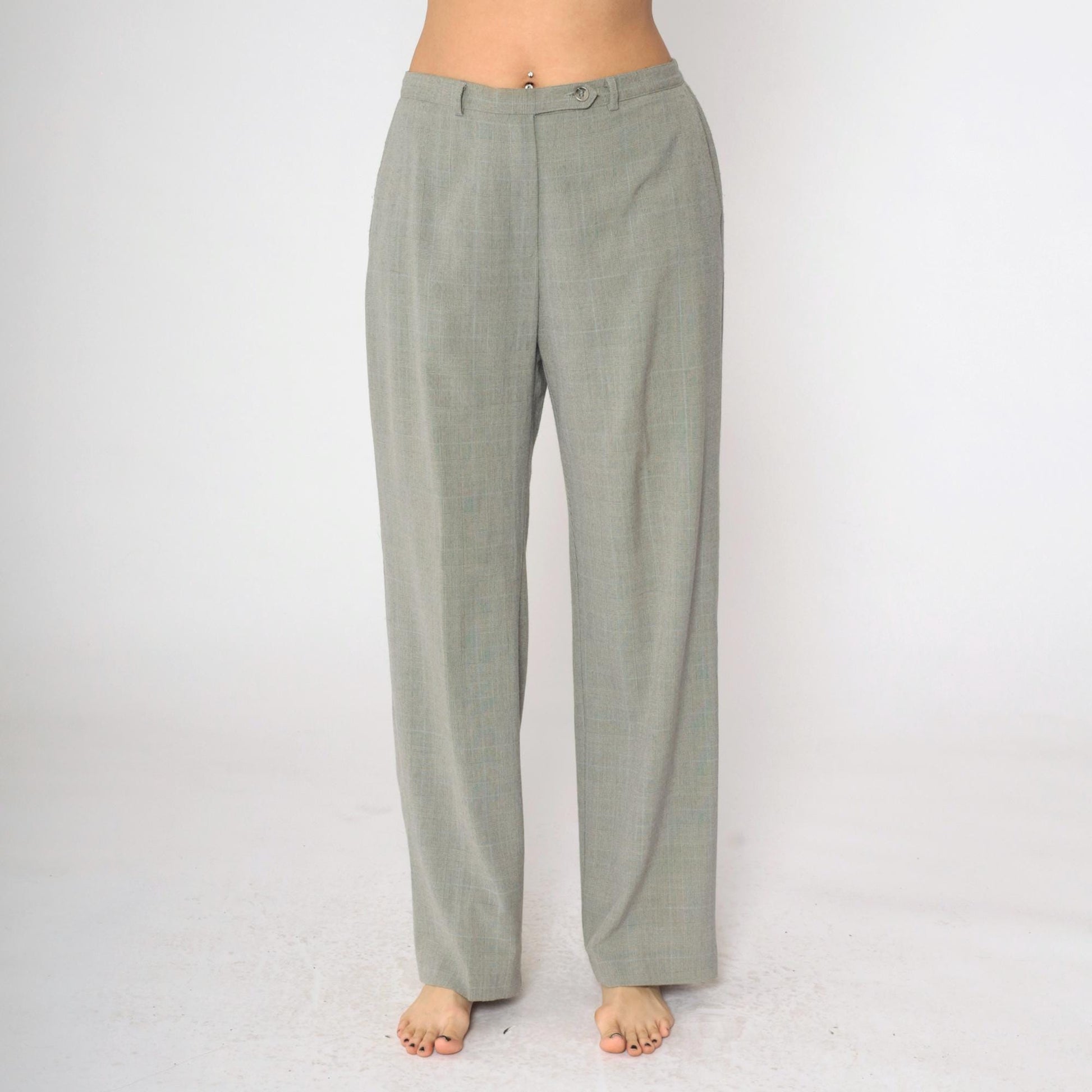 90s Grey Plaid Straight Leg Trousers High Rise Vintage Kim Rogers Medium